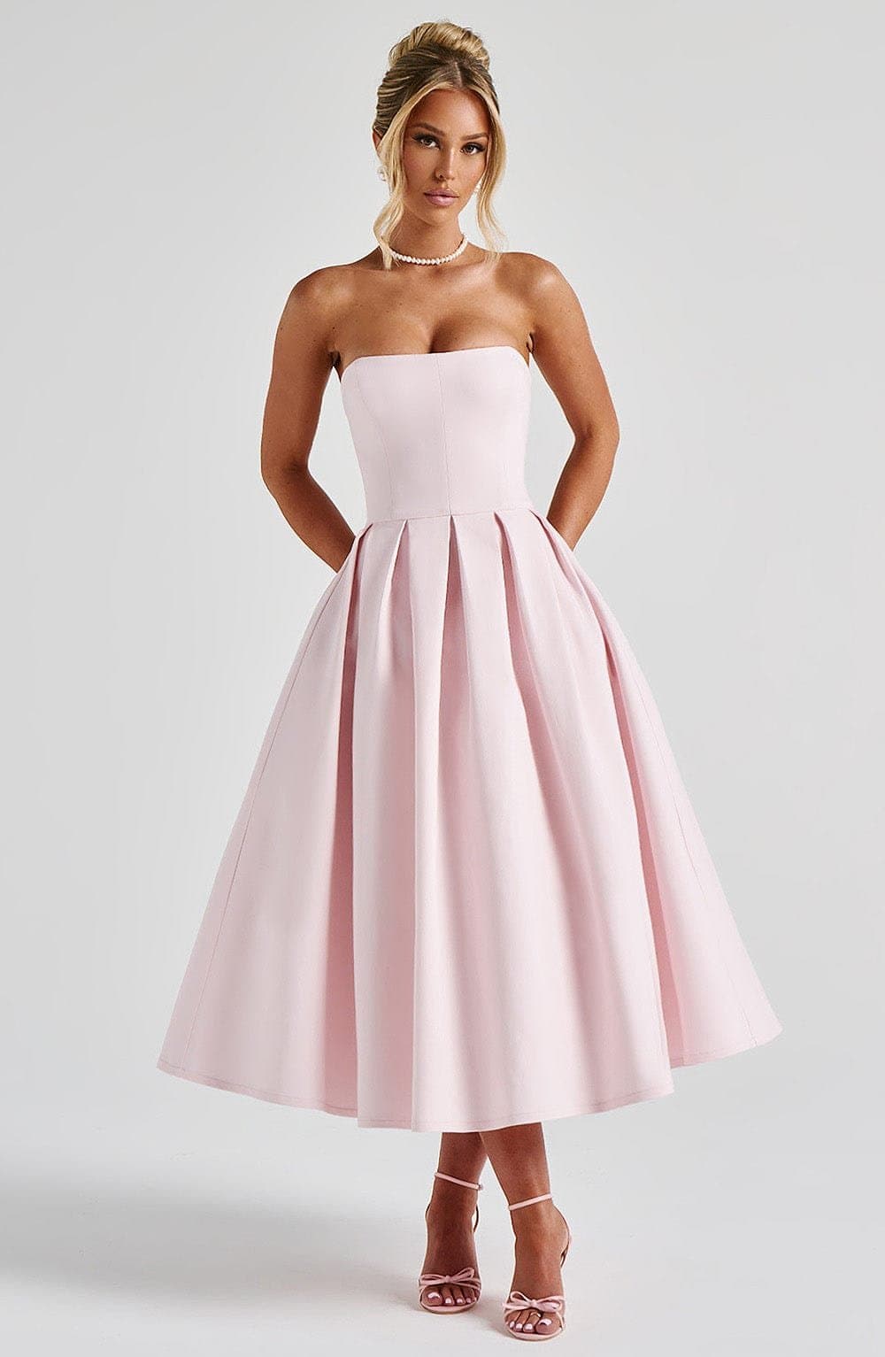 Edith Strapless Midi Dress in Blush - Stretch Bengaline with Pleated Skirt & Boning