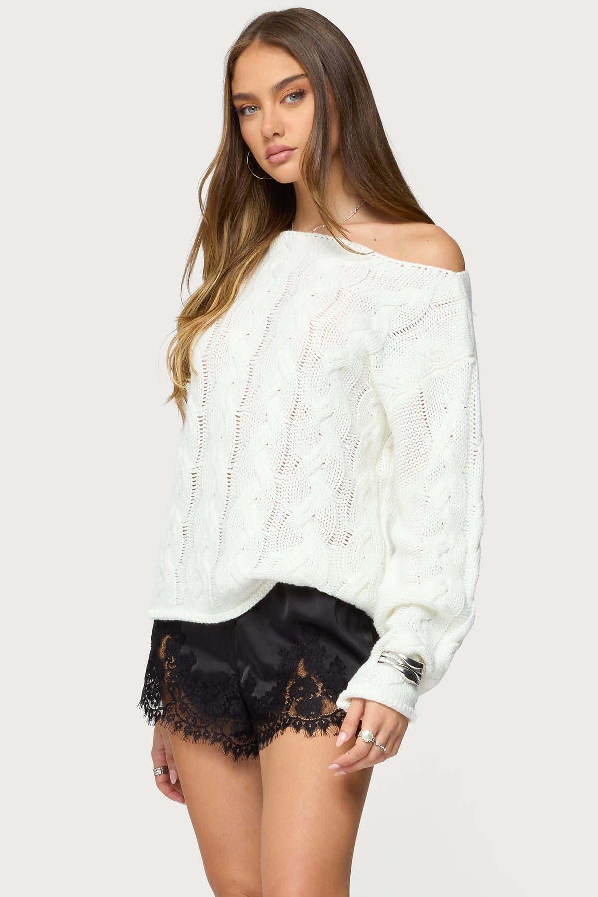 Nellie Off Shoulder Cable Knit Sweater - Acrylic Winter Top Size S