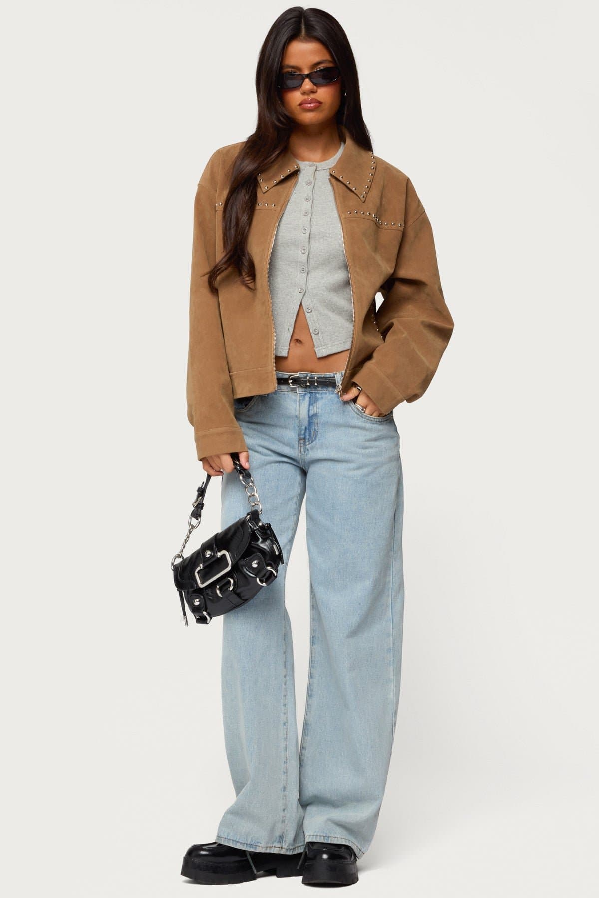 Memphis Studded Faux Suede Jacket - Collared Polyester Polyurethane Women's