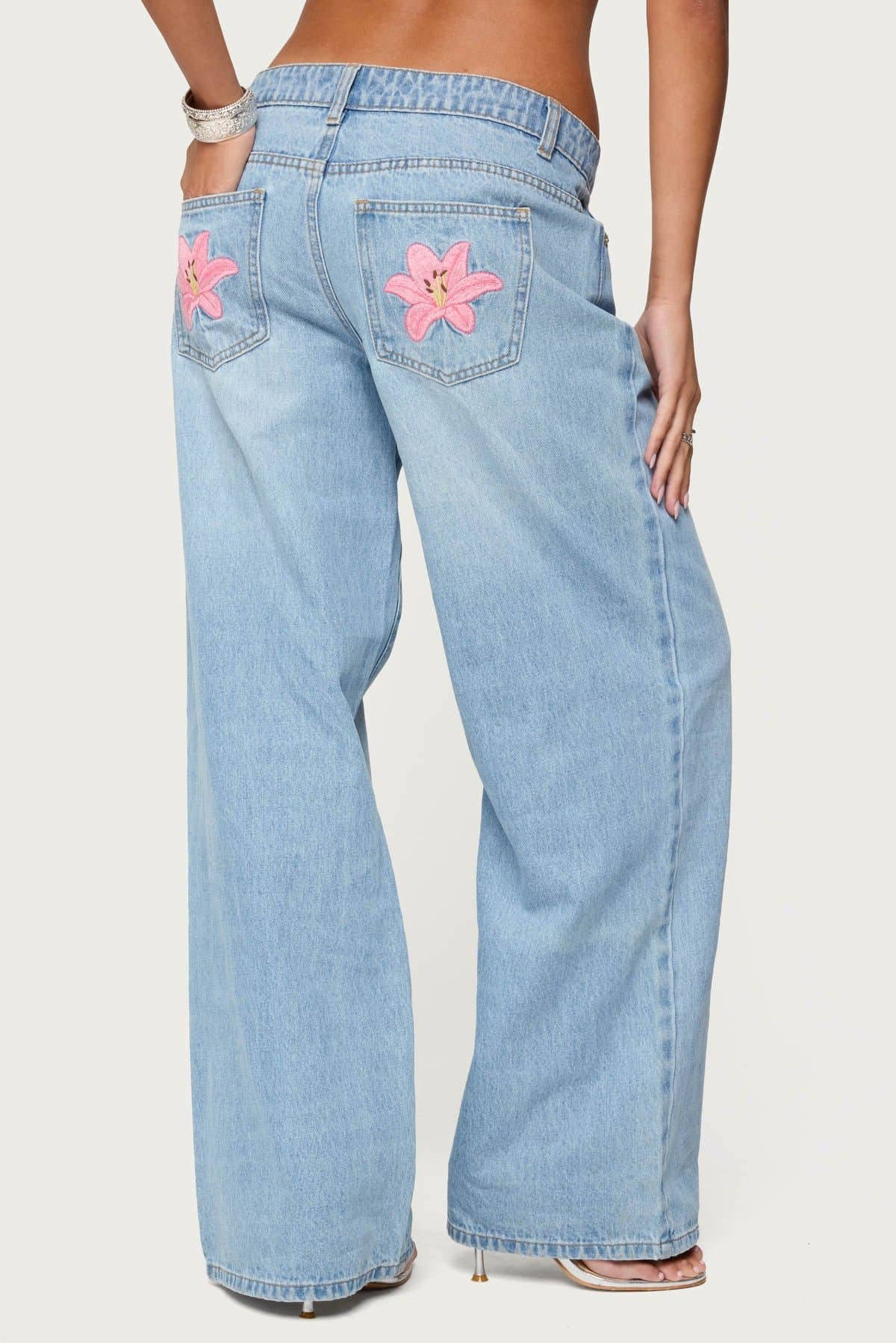 Mirra Embroidered Flower Low Rise Baggy Jeans - 100% Cotton Rigid Denim