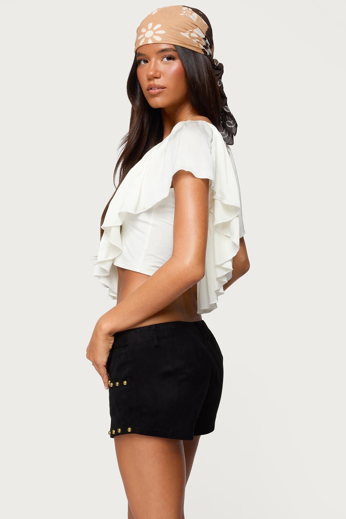 Deena Ruffled V-Neck Top with Open Back and Tie Detail Polyester