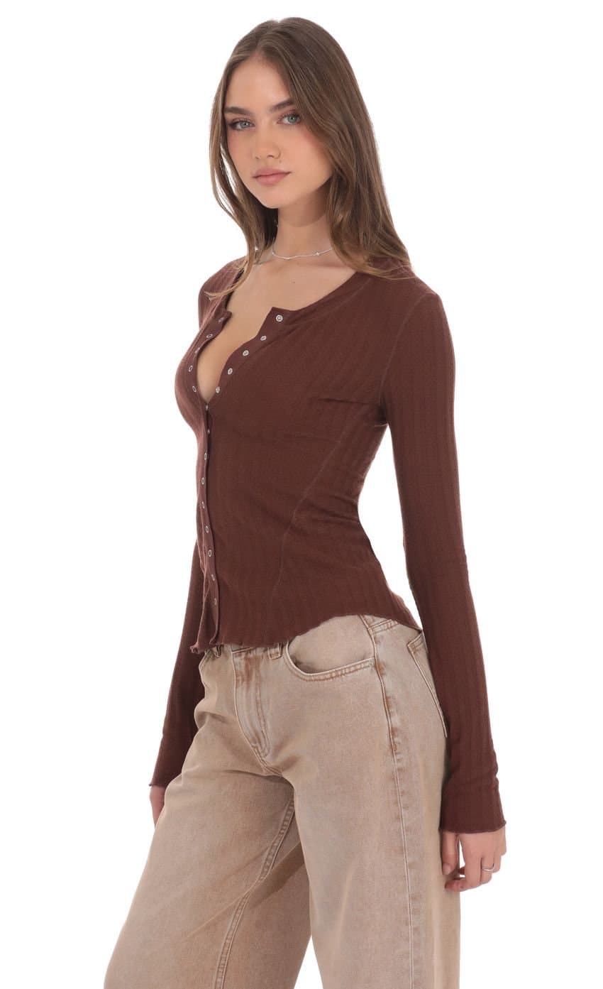 Textured Ribbed Button Top in Brown