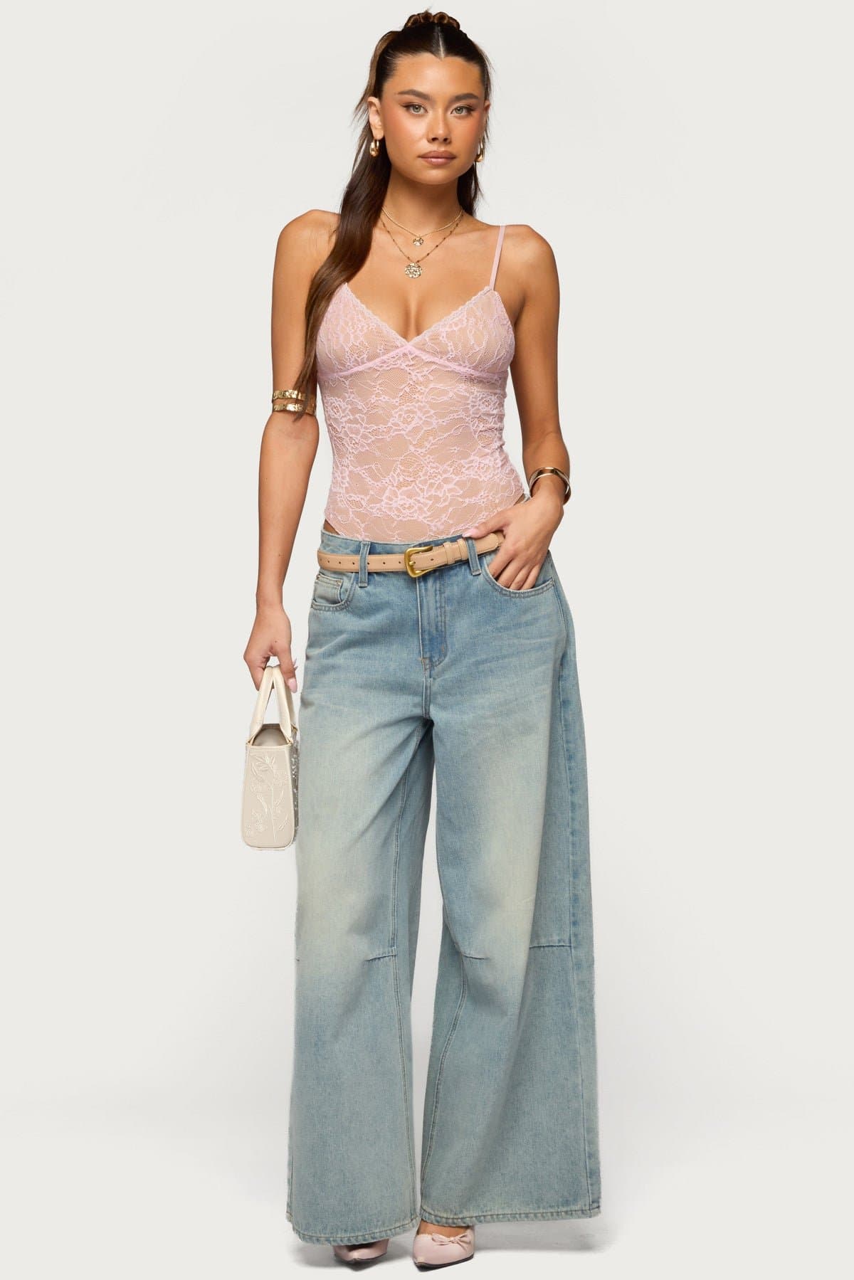 Nolyn Sheer Lace V Neck Bodysuit with Adjustable Straps Polyester Spandex