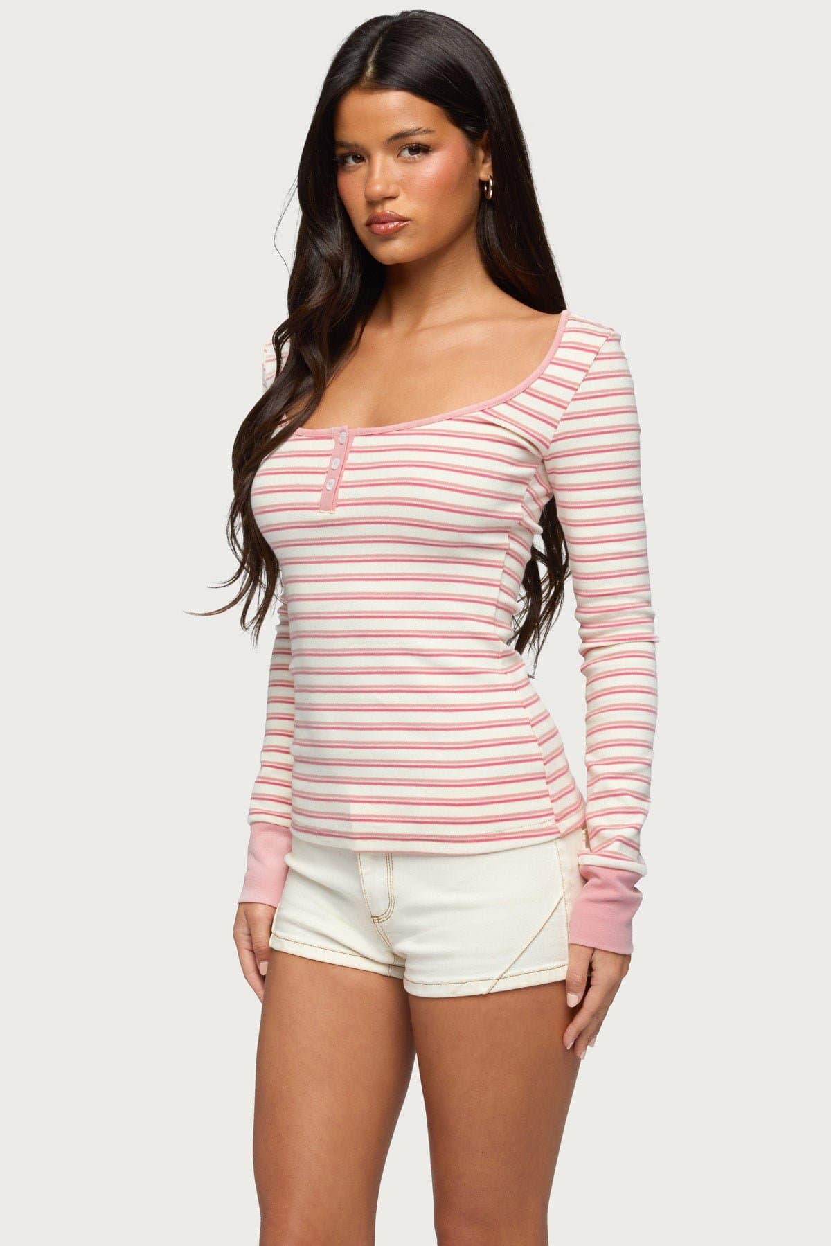 Jaida Striped Henley Top - Long Sleeve Cotton Spandex Scoop Neck