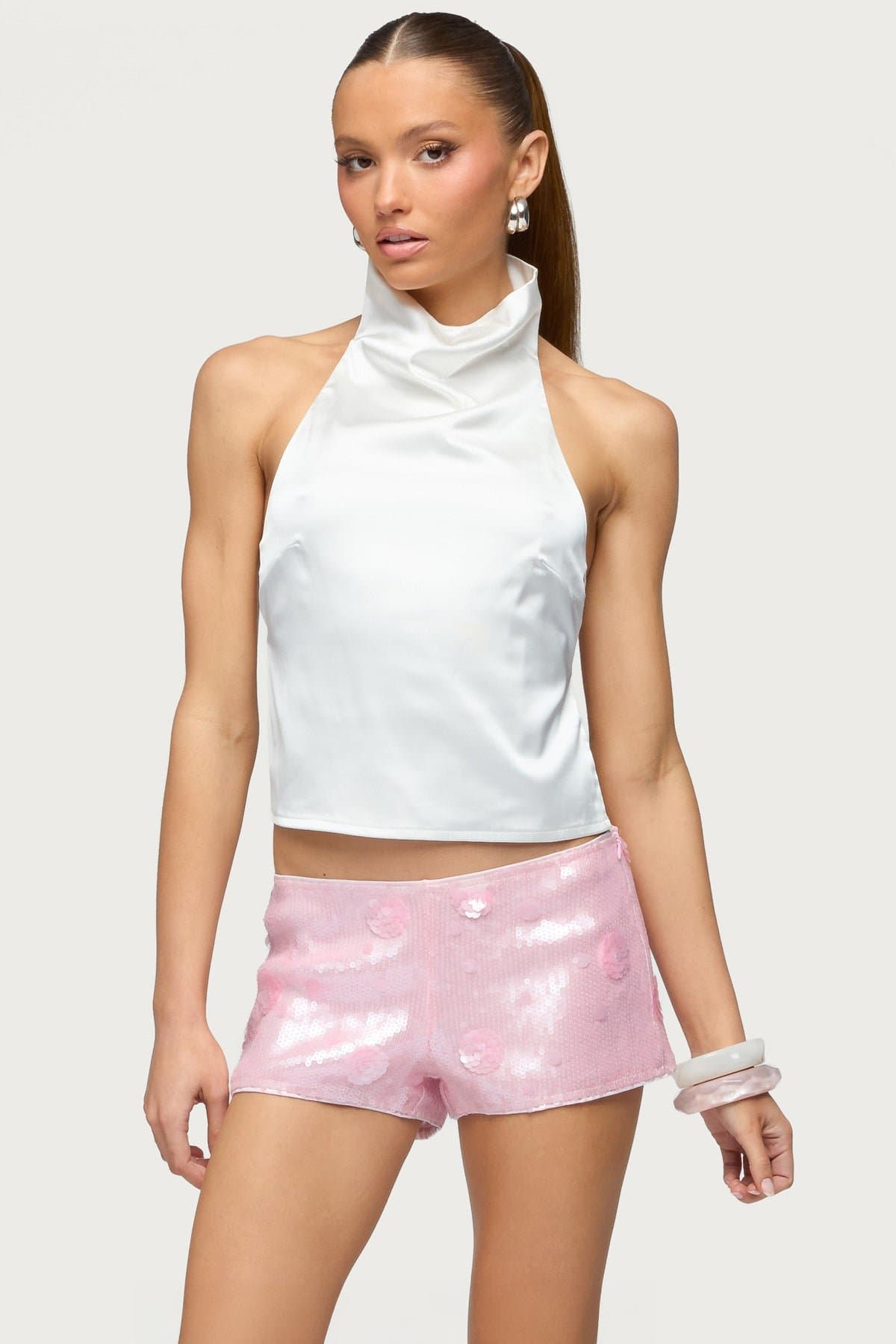 Satin Effect Backless Cowl Neck Top with Adjustable Straps