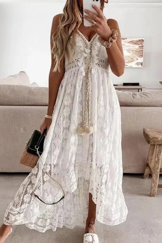 Summer New Lace Sling V-Neck Floral Mid-Calf A-Line Dress
