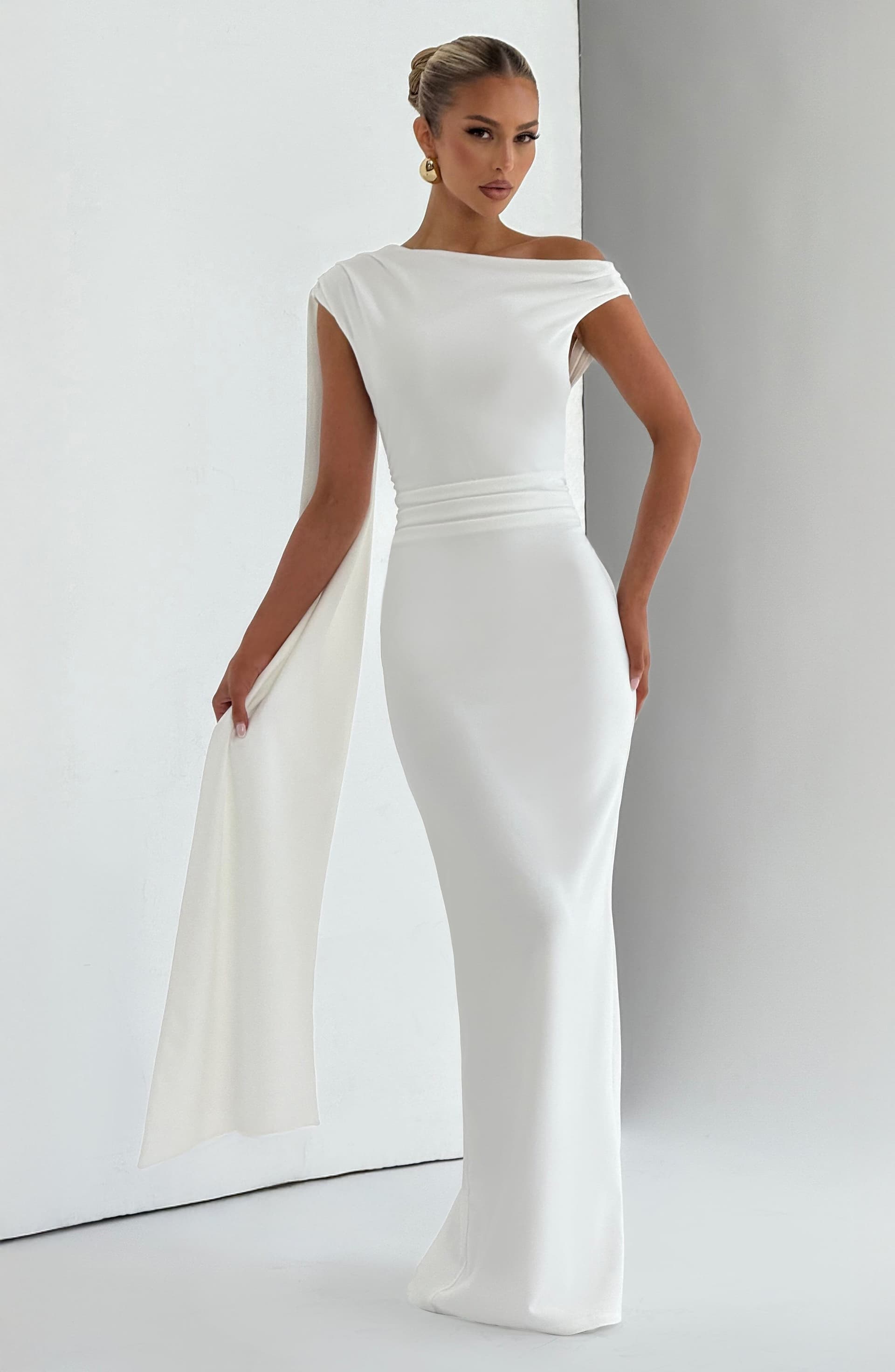 Kylie Maxi Dress in Ivory - Stretch Crepe Column Silhouette with Back Split