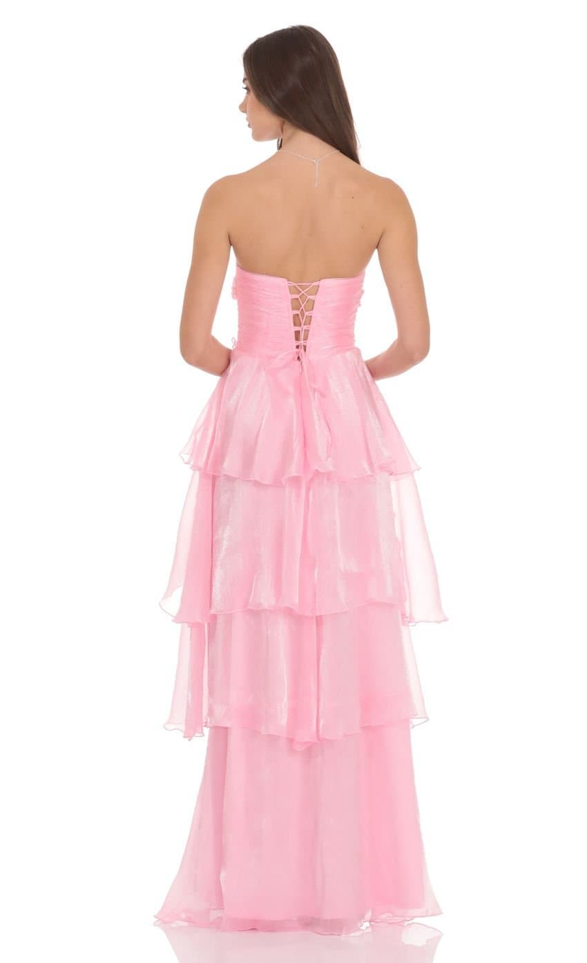 Corset Petal Ruffle Strapless Maxi Dress in Pink