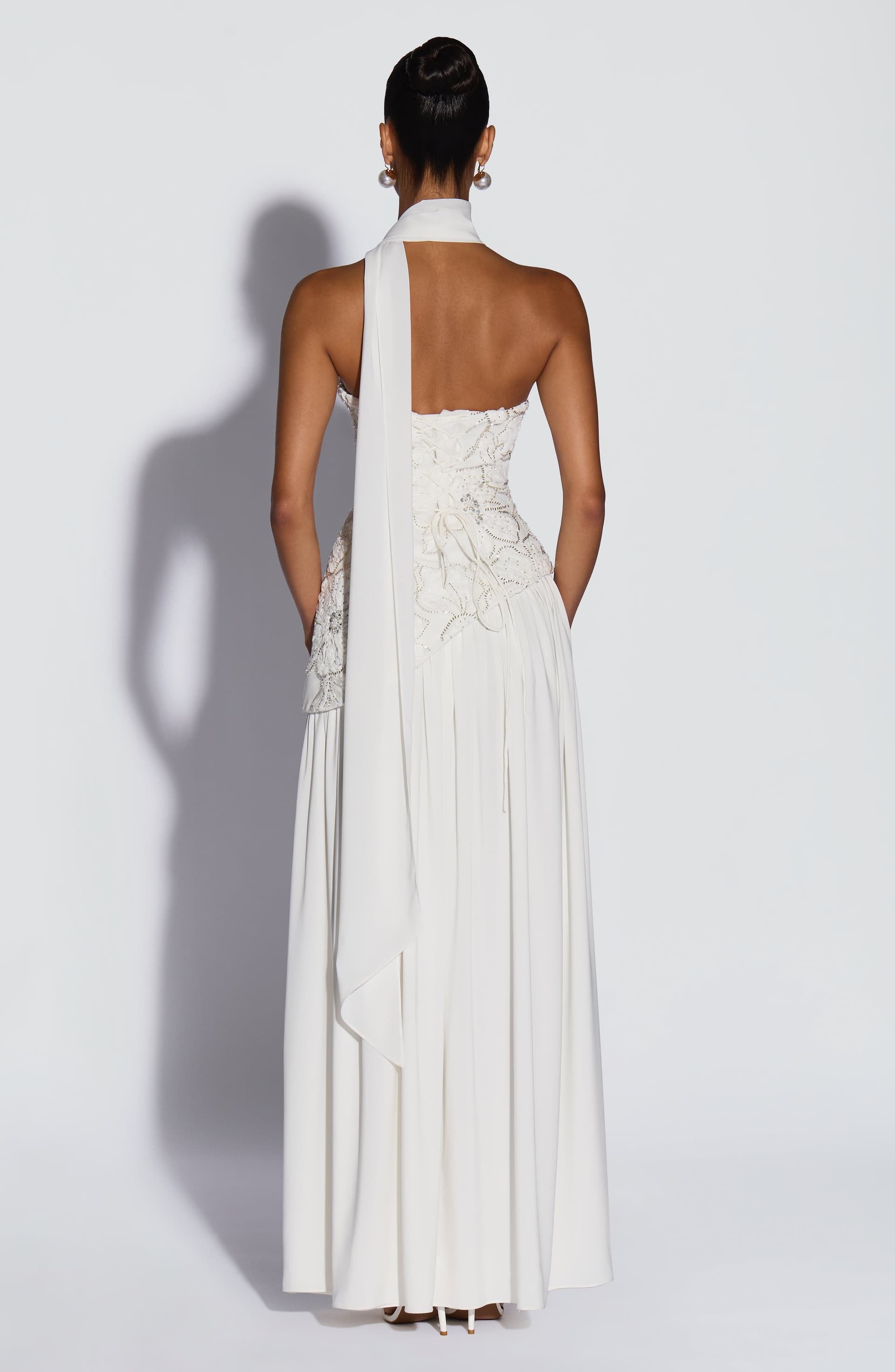 Anneliese Maxi Dress in Ivory Crepe Bodice Chiffon Skirt with Embellishments