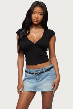 Alza Button Up V-Neck Top - Cotton Rayon Spandex Underbust Stitching