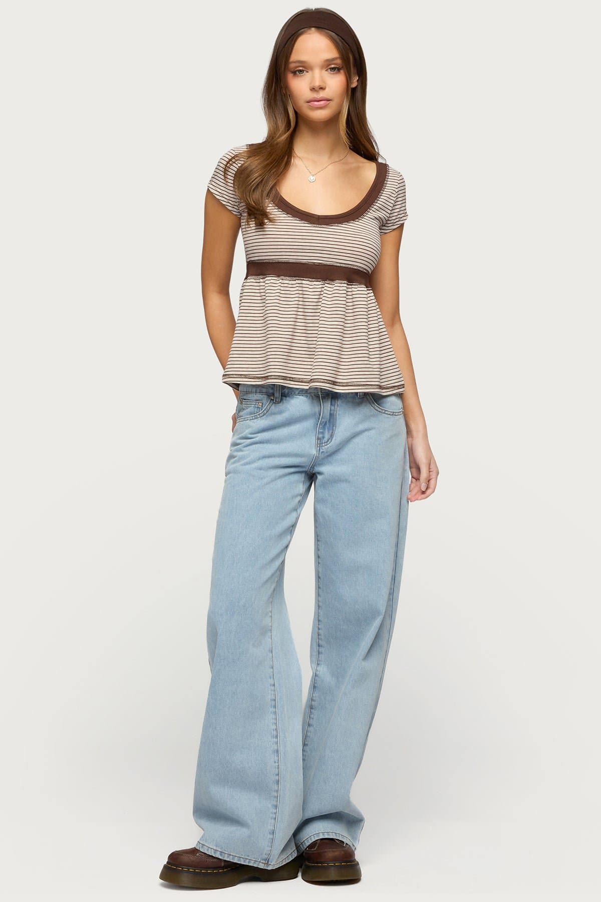 Sady Contrast Striped Babydoll Top - Cotton Spandex Women's Blouse Size S