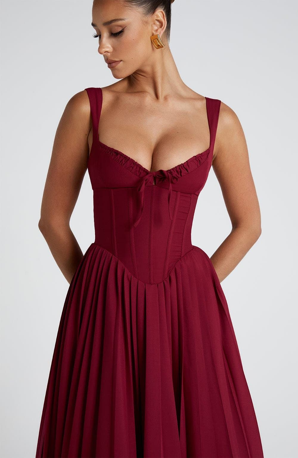 Natassia Midi Dress - Berry - Polyester Viscose Poplin, Boned Bodice, Lace-Up Back