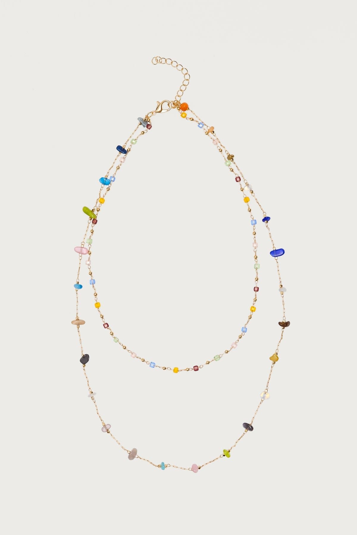 Layered Mixed Stone Necklace - Gold Tone Metal Glass Resin 14.1 Inch Length