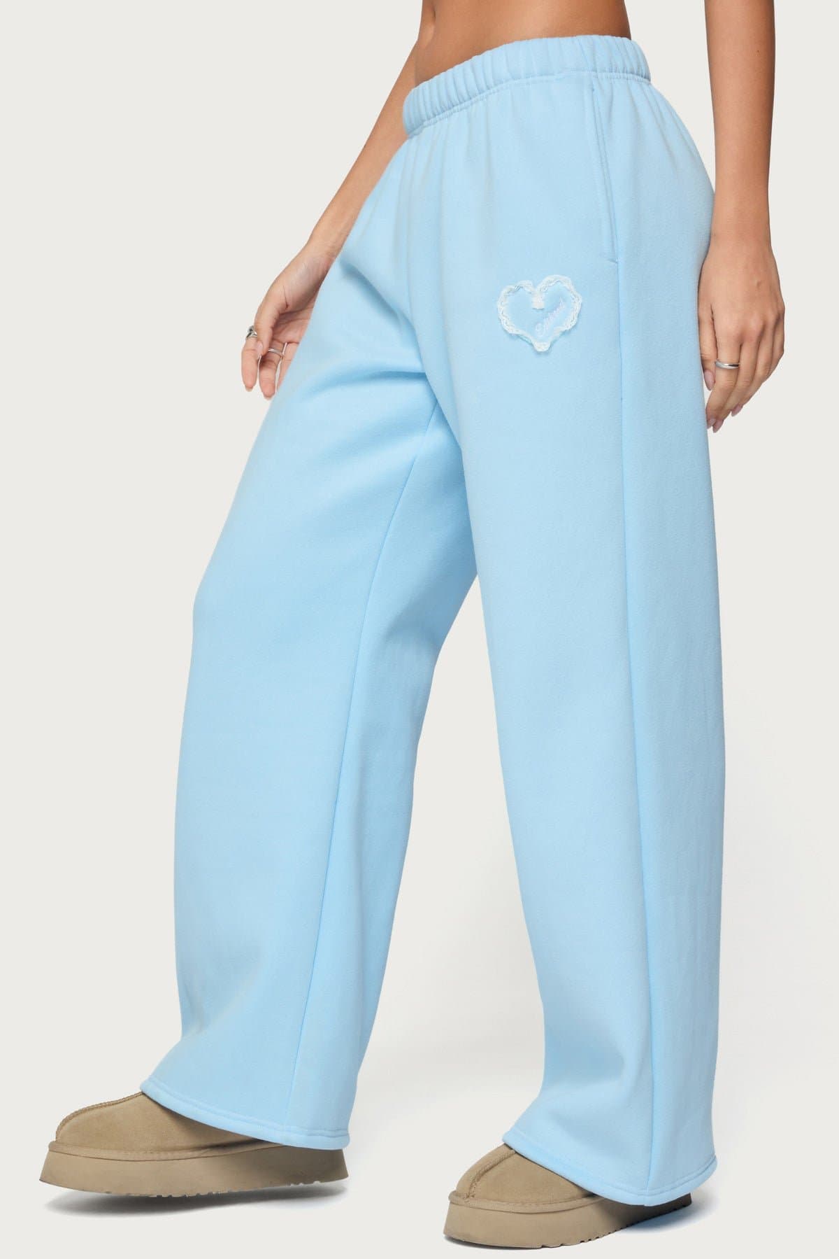 Love Edikted Wide Leg Sweatpants with Lace Heart Patch & Embroidered Text
