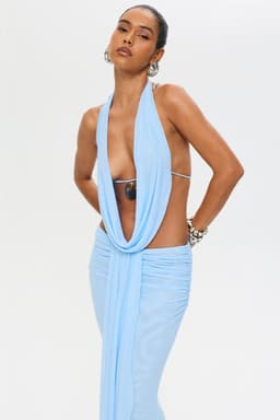 Pearl Top Deep Cowl Neckline Abalone Shell Detail Stretch Mesh