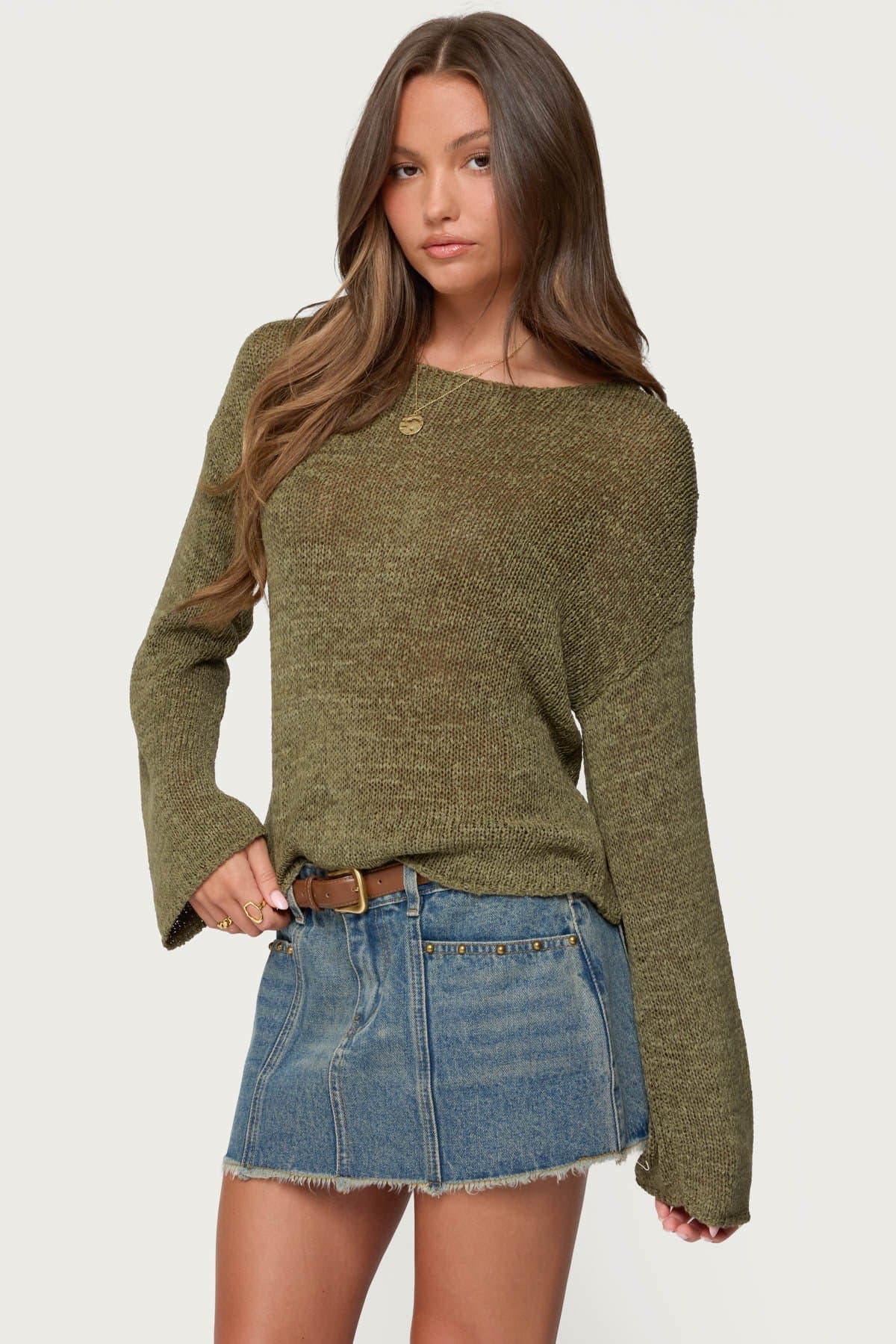 Drop Shoulder Light Knit Sweater - Relaxed Fit Polyester Rayon