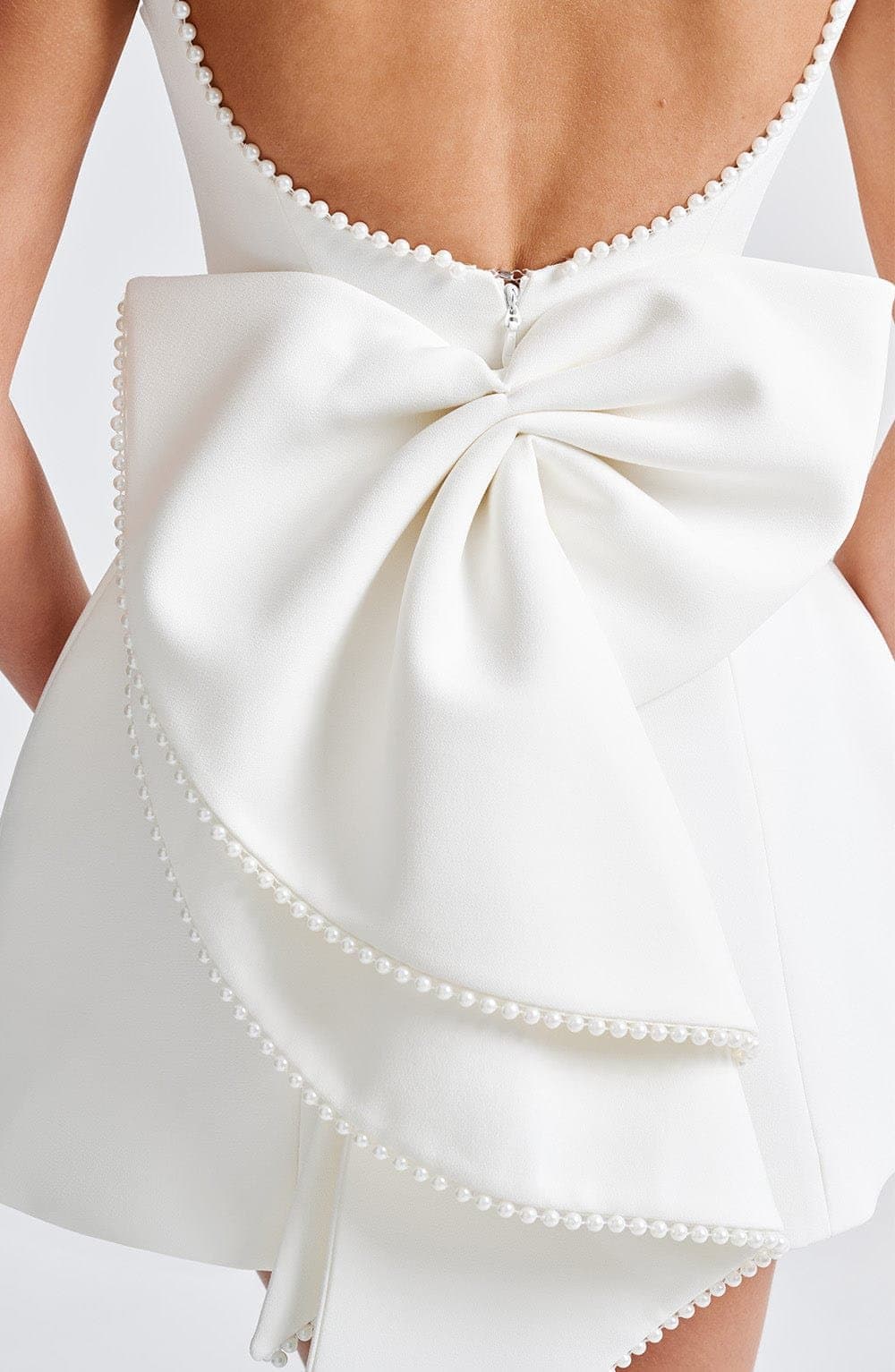 Carrie Mini Dress in Ivory Crepe with Pearl Trim and Detachable Bow