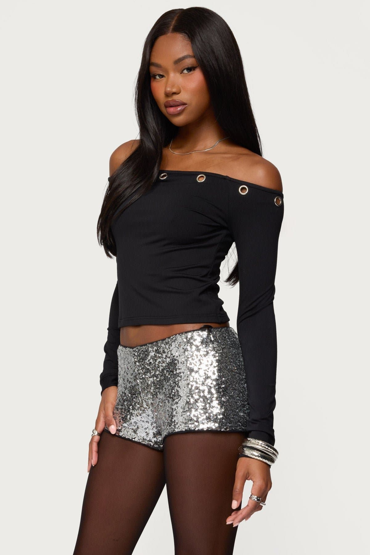 Trina Grommet Off Shoulder Long Sleeve Top - Polyester Spandex