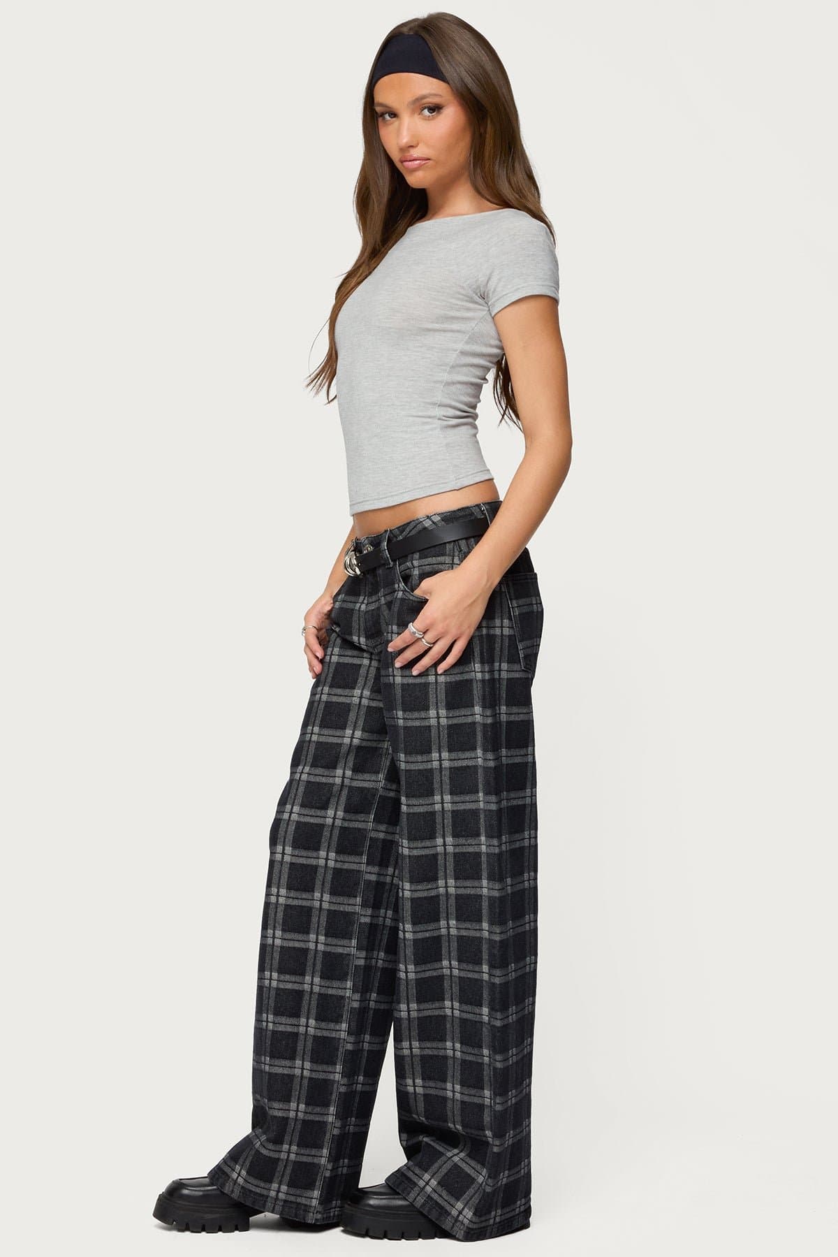 Kailani Plaid Low Rise Baggy Jeans - 100% Cotton Rigid Denim, Size S Inseam 31.5"