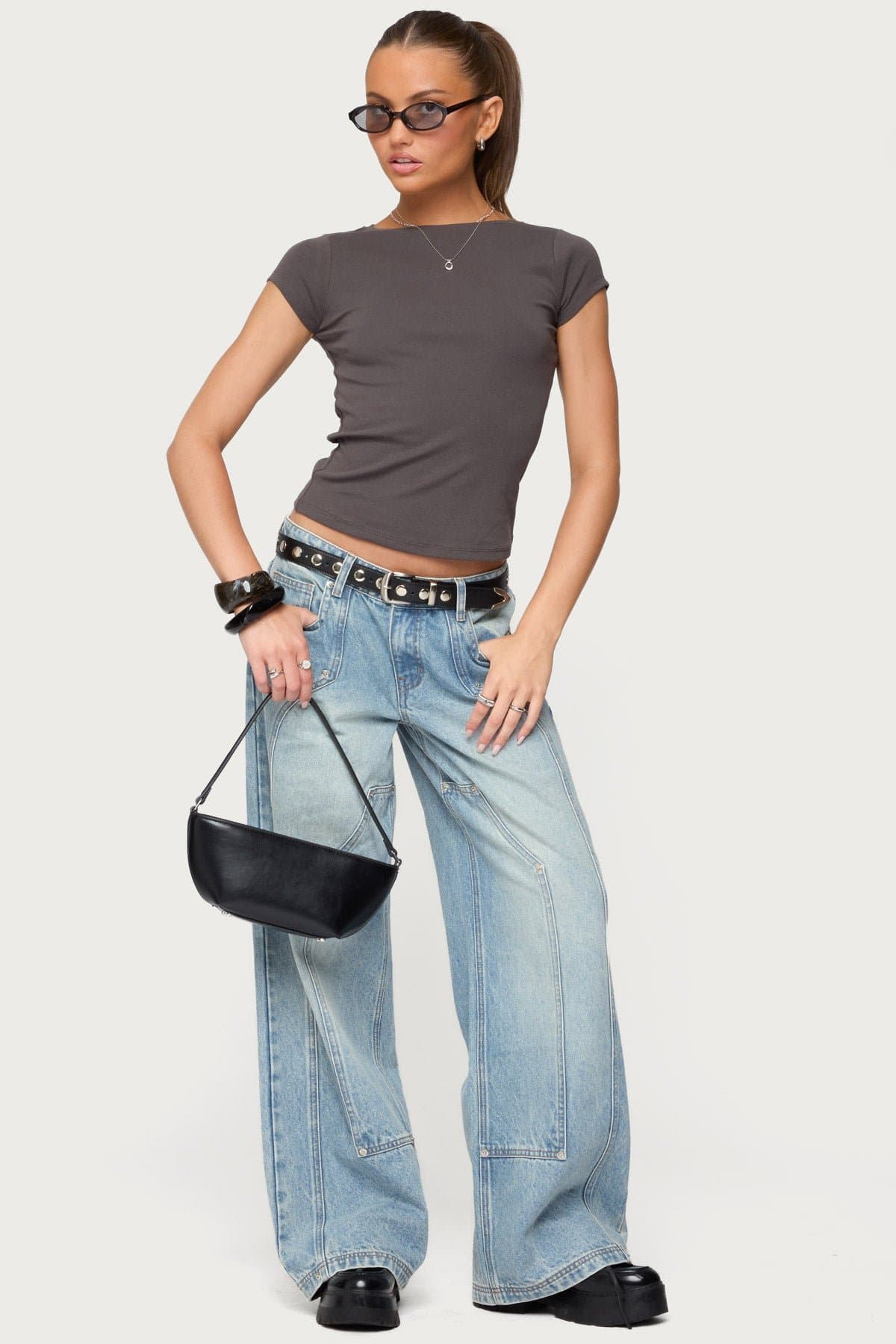 Oliana Ribbed Boat Neck T-Shirt - Cotton Spandex Women's Top