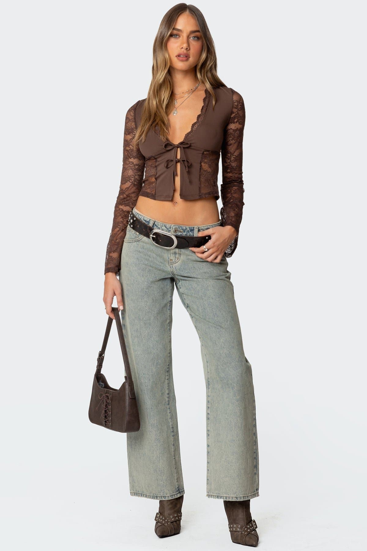 Stephi Lacey Split Front Top - Long Sleeve Polyester Spandex Sheer Lace Trim