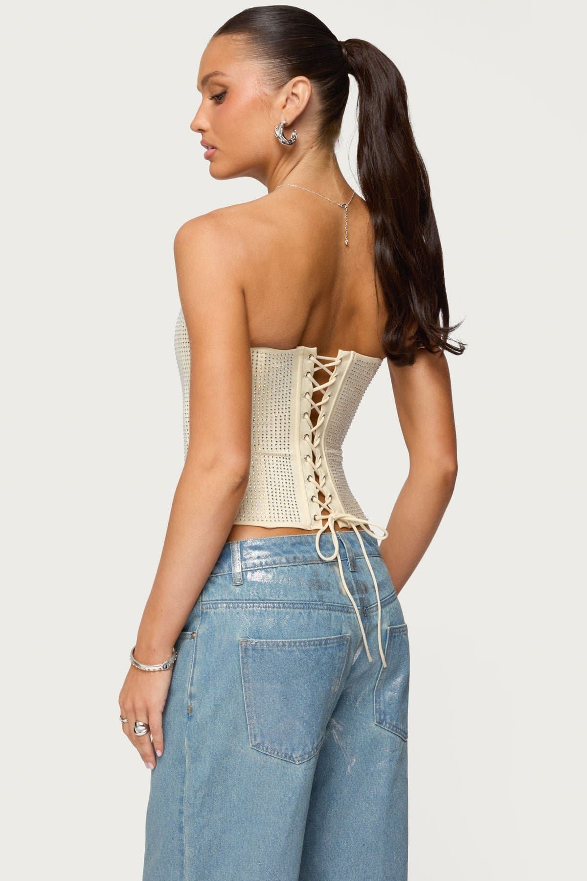 Vezza Strapless Rhinestone Corset - Polyester Spandex Boned Bodice Lace Up Back