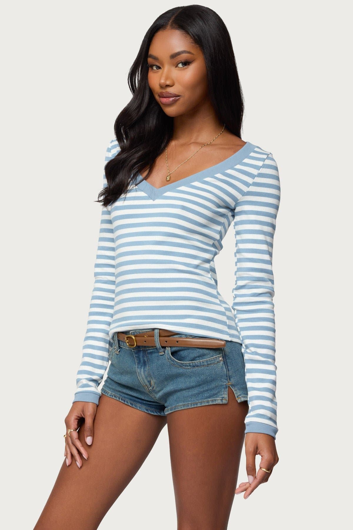 Kimi Striped Long Sleeve V Neck Top - Cotton Spandex Contrast Trim
