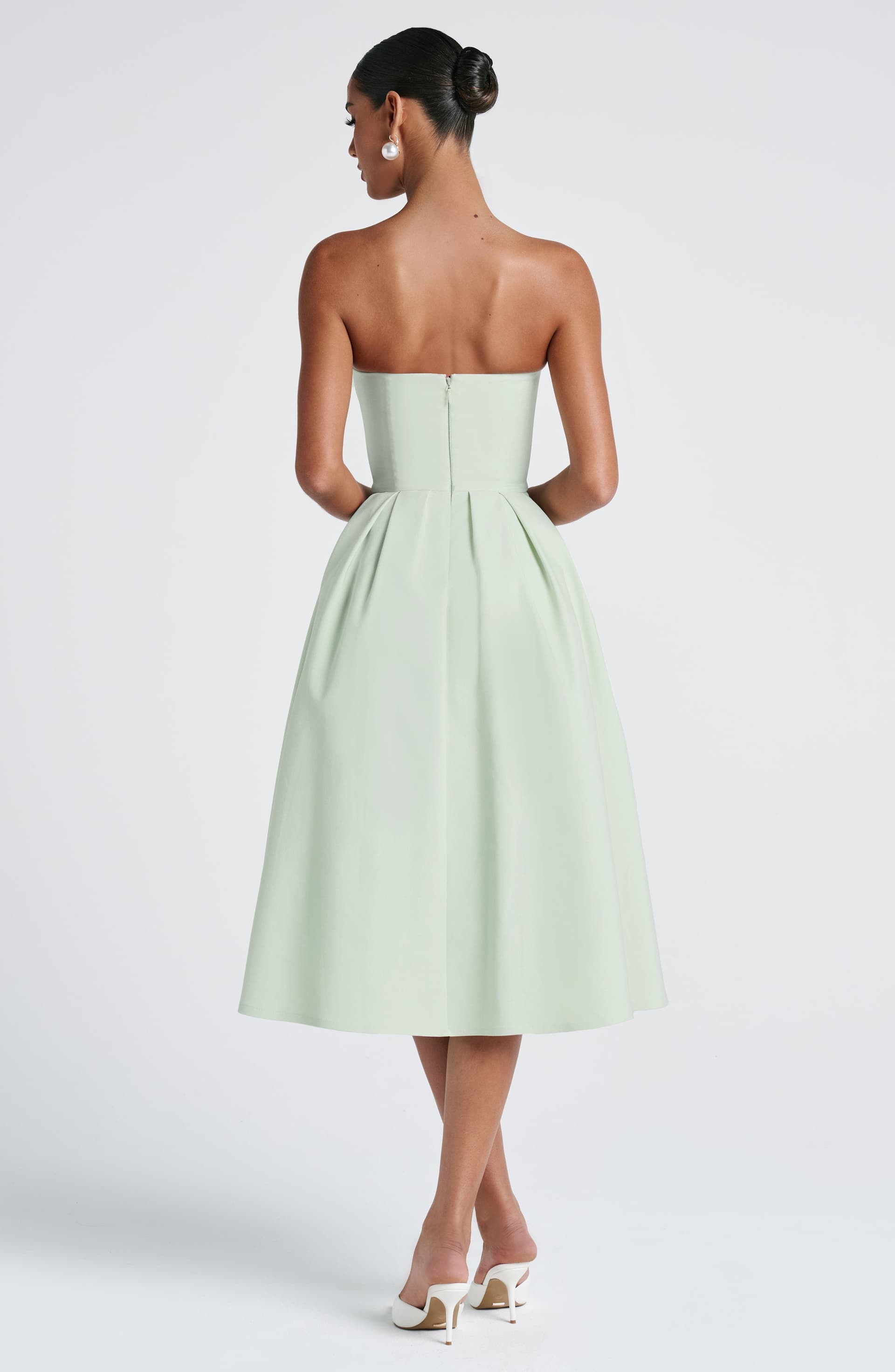 Edith Midi Dress - Mint Strapless Pleated Stretch Bengaline