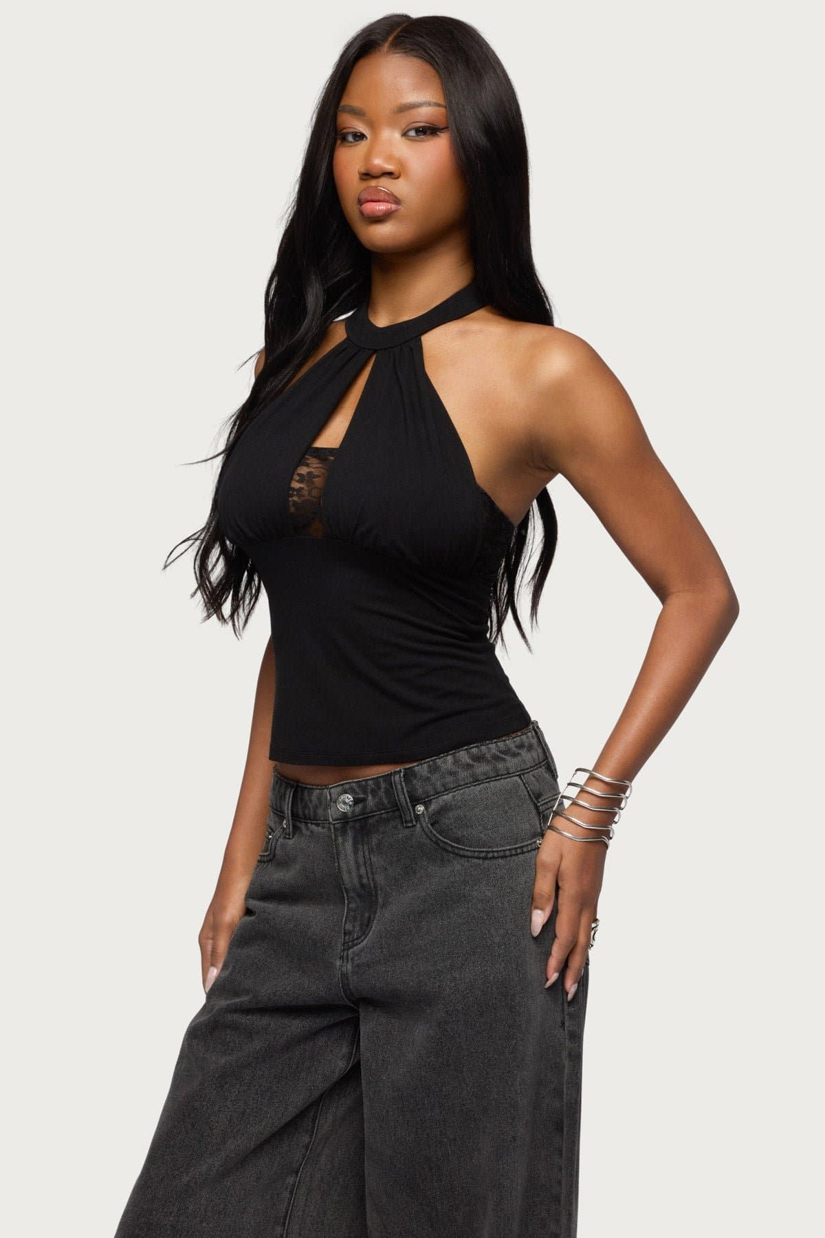 Lielle Lacey Layered Halter Top in Rayon Spandex with Sheer Lace Detail