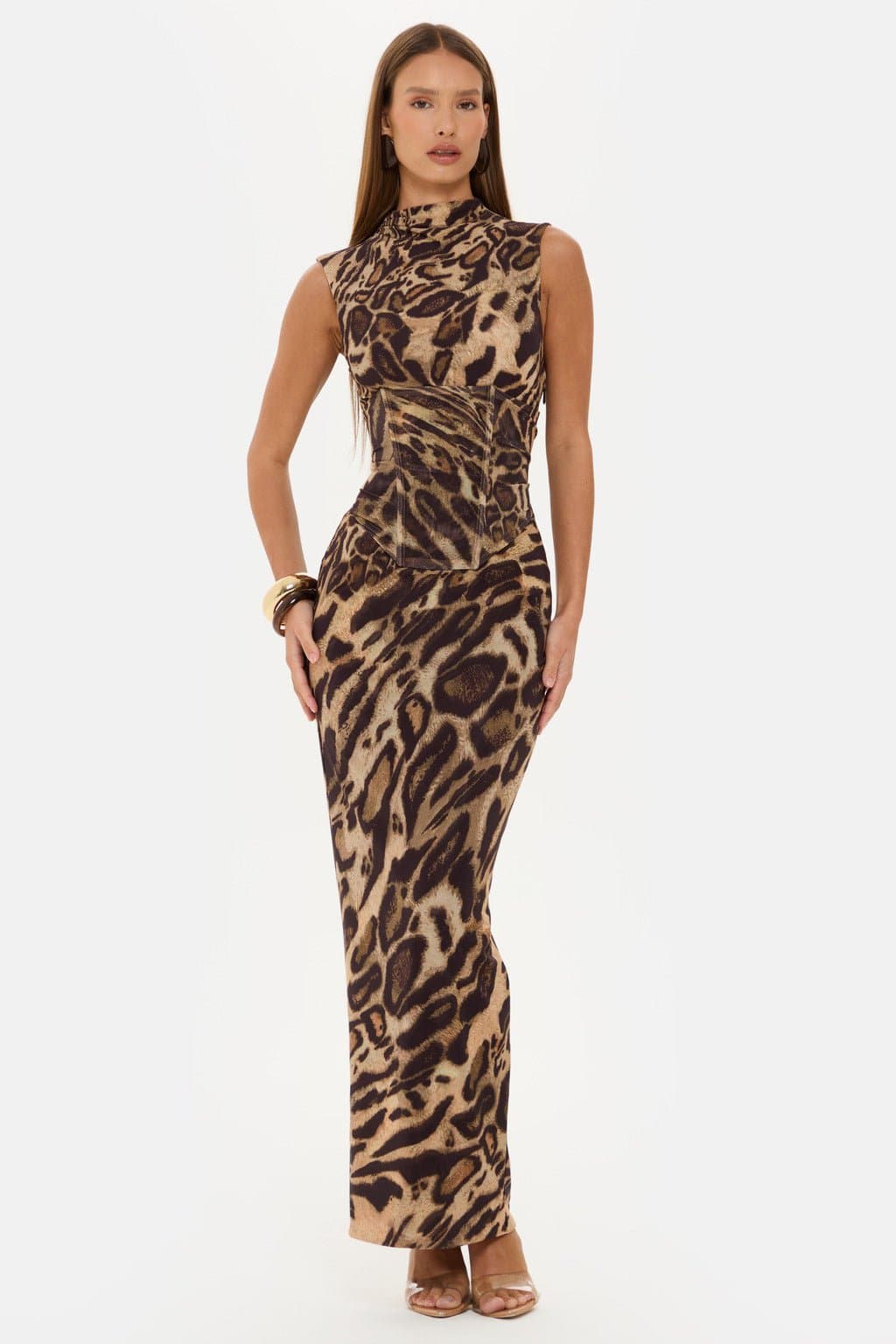 Leopard Print Corset Maxi Dress High Neck Sleeveless Nylon Elastane