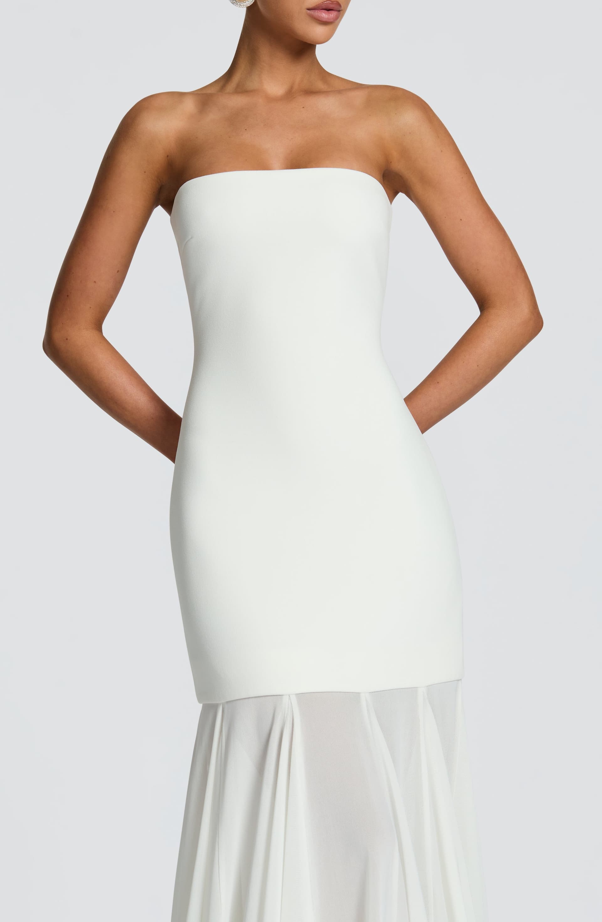 Merritt Strapless Ivory Stretch Crepe Maxi Gown with Mesh Skirt