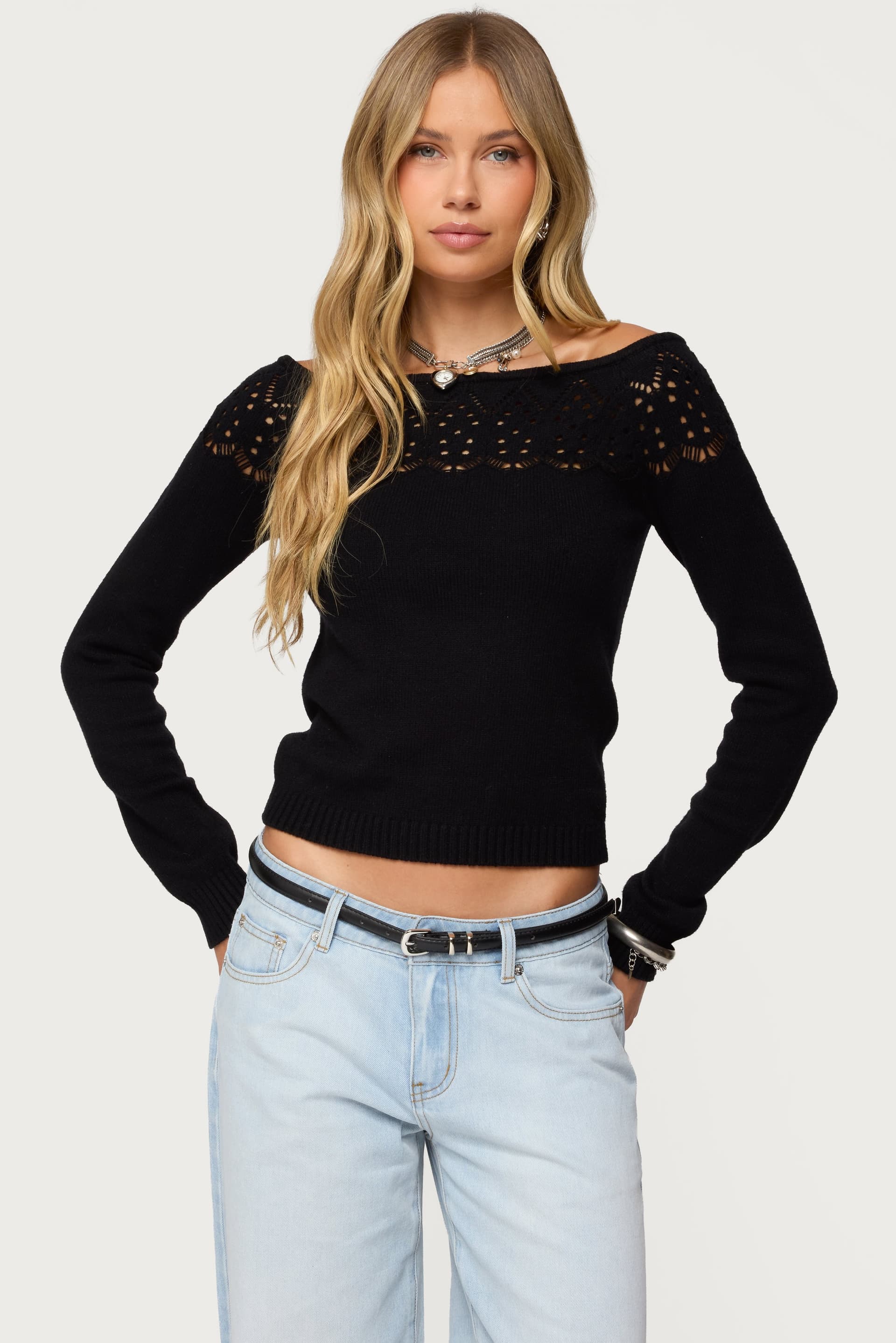 Lillis Boat Neck Knit Top - Long Sleeve Crochet Detail Rayon Polyester Nylon