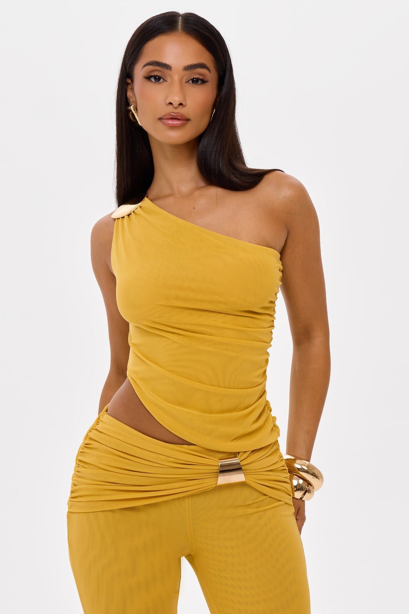 Valentina Mesh Asymmetric Top in Chartreuse with Gold Trim
