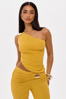 Valentina Mesh Asymmetric Top in Chartreuse with Gold Trim