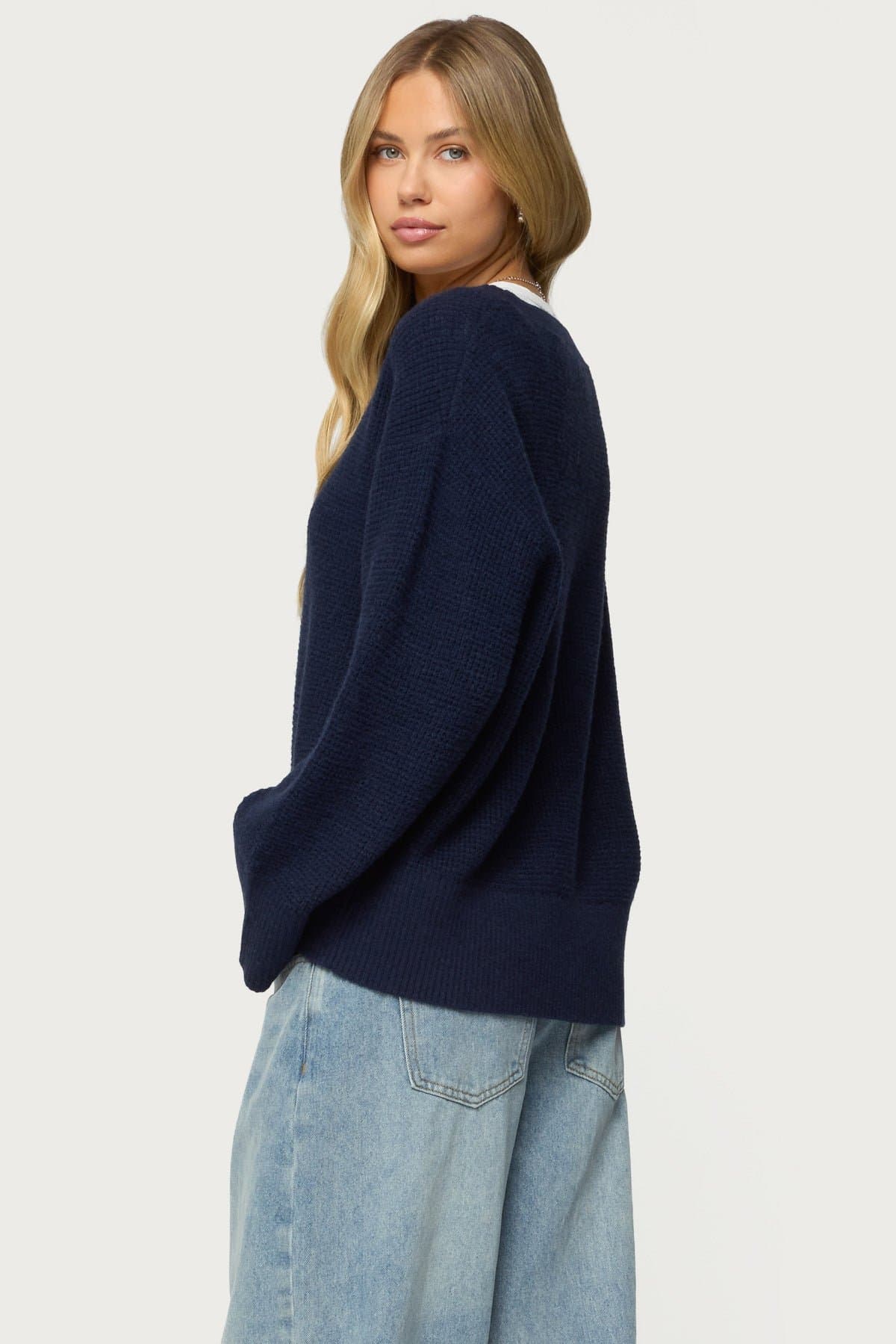 Bluebell Oversized Waffle Knit Sweater - Acrylic Polyester Nylon V-Neck