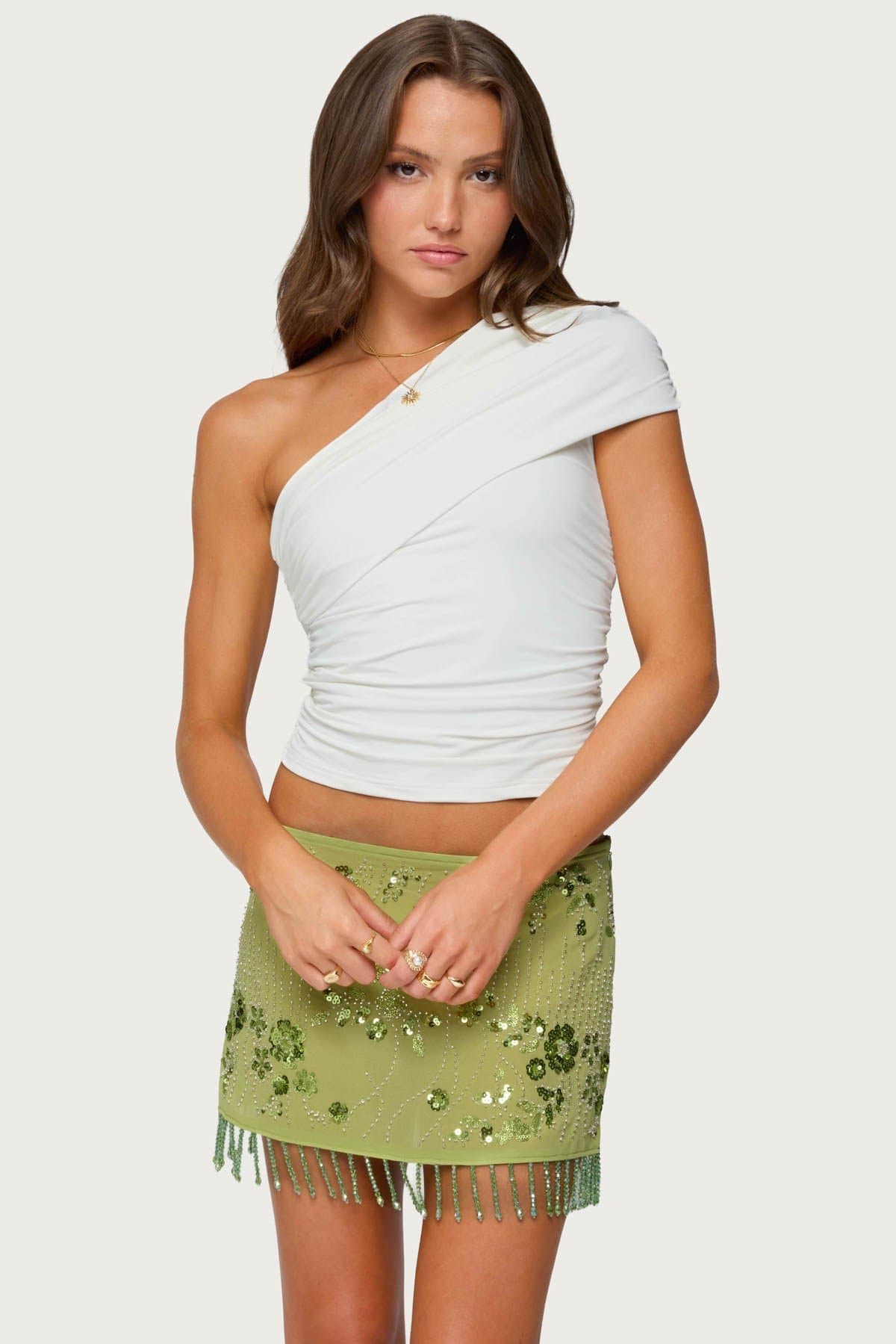 Fold Over Ruched One Shoulder Top Nylon Spandex Small Medium Large