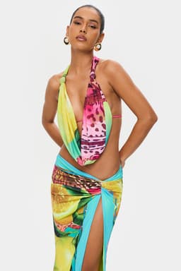 Rio Top Deep Cowl Neck Adjustable Back Strap Open Back Mesh Print