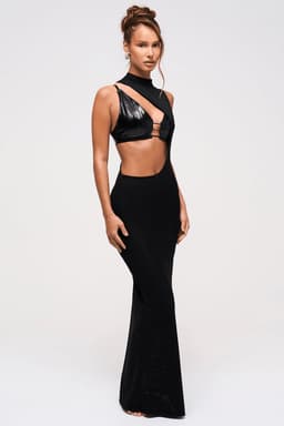 Sable Maxi Dress High Neck Bust Waist Cut Out Double Layered Mesh Light Stretch