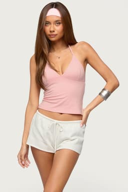 Noriah V Neck Halter Top with Open Back, Cotton Spandex