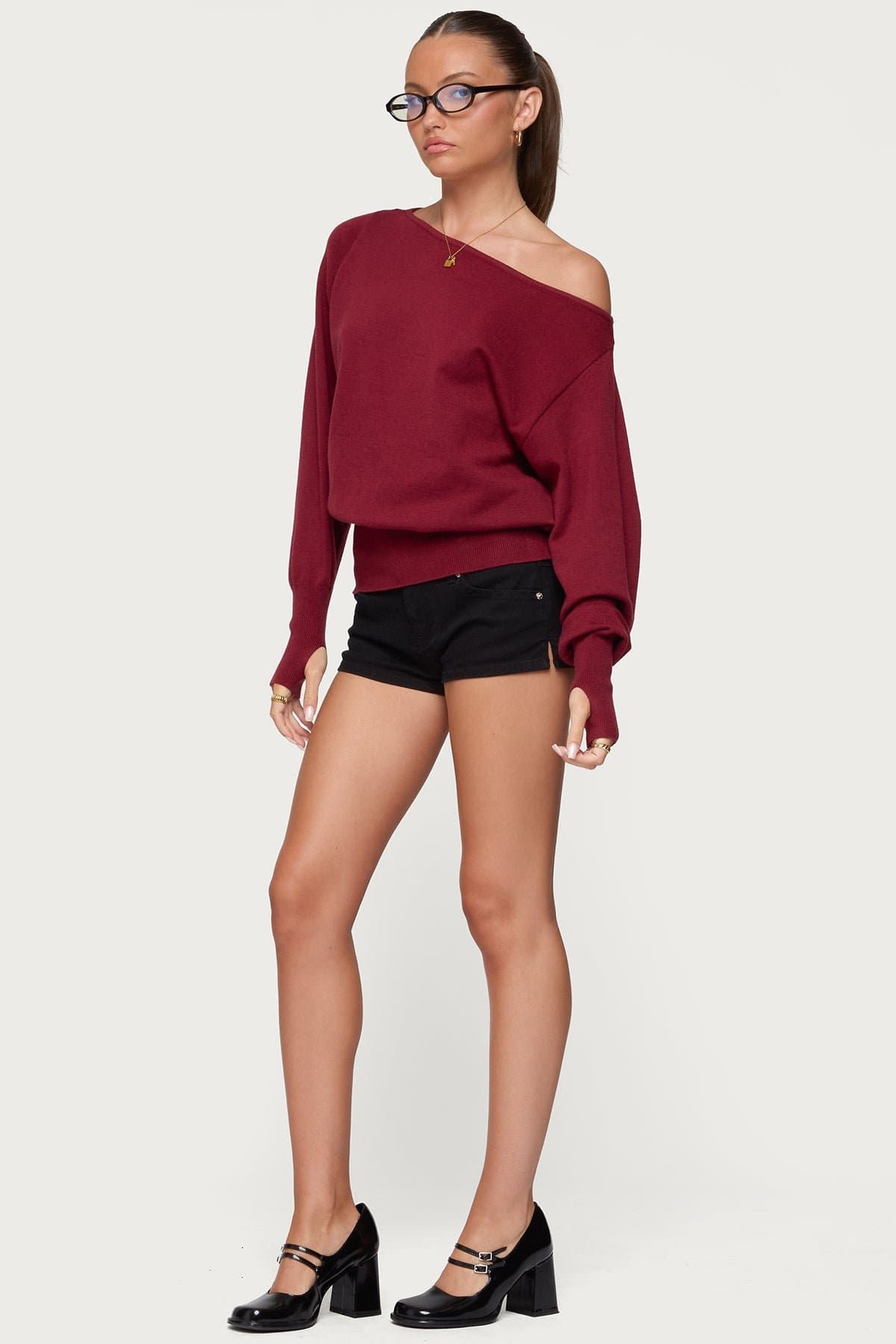 Off Shoulder Oversized Acrylic Sweater with Thumb Holes