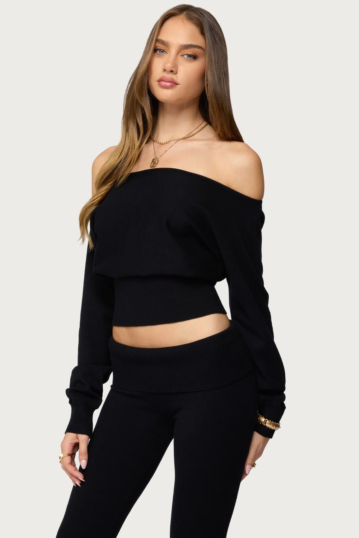 Skyla Off Shoulder Knit Sweater - Cinched Waist Acrylic Fabric