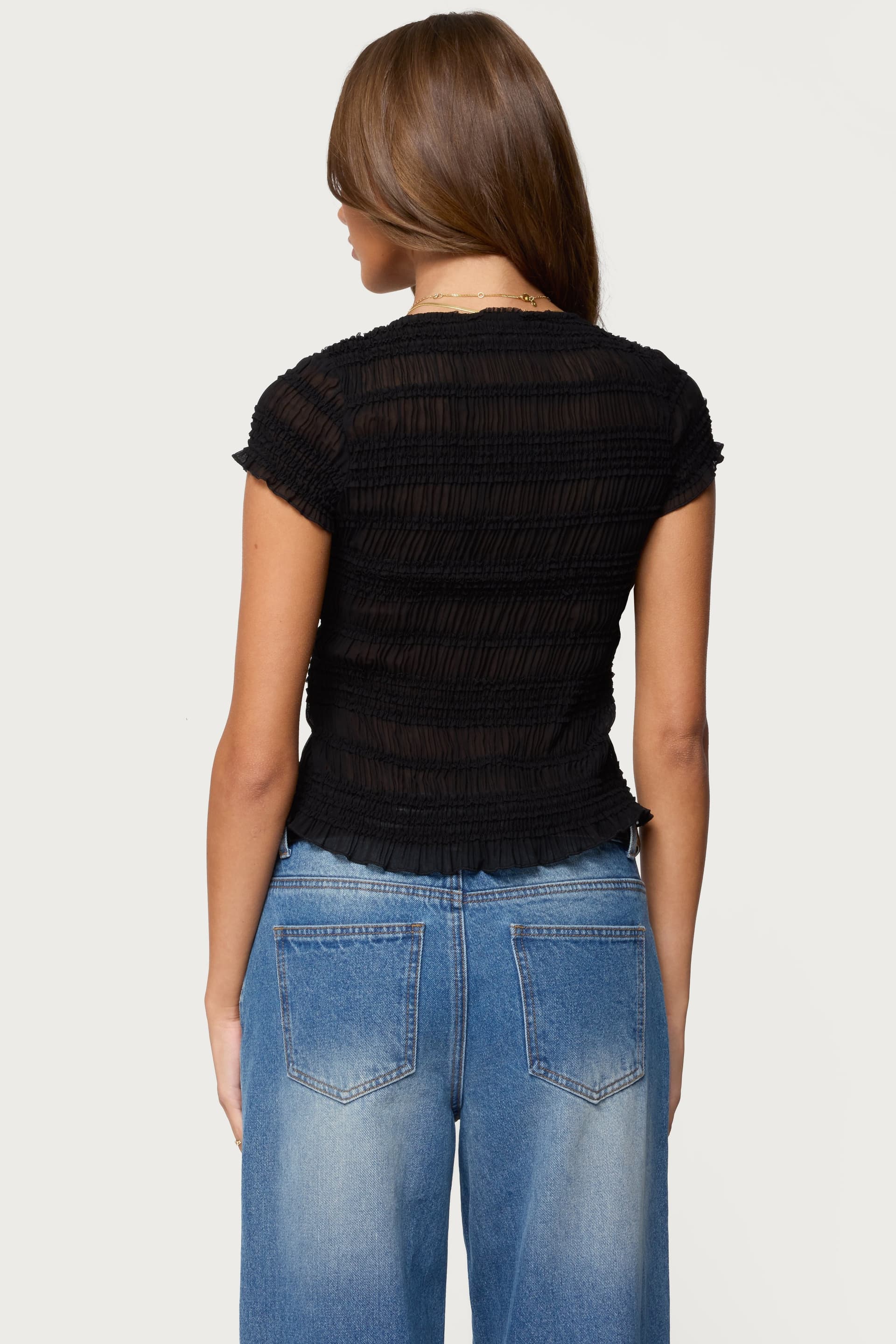 Filipa Sheer Chiffon Scrunch Top with Ruffle Detailing and Front Buttons