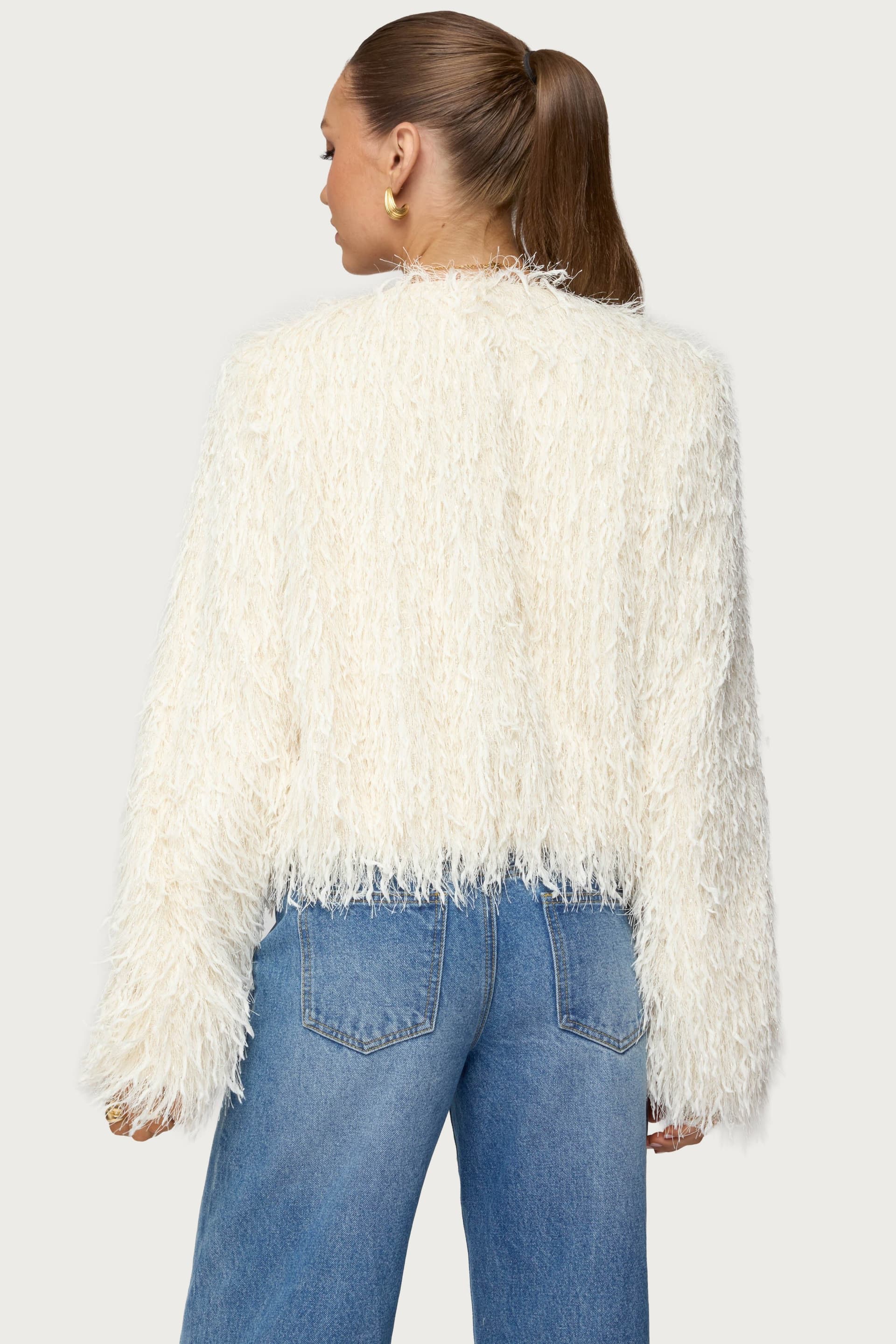 Aleandra Fringed Faux Feather Jacket - Polyester with Metallic Detailing