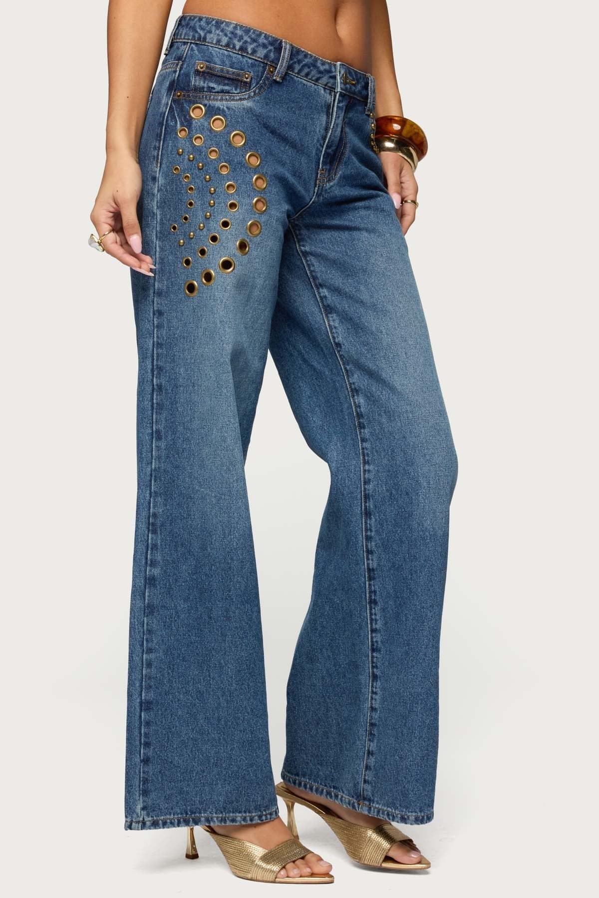 Monika Stud & Grommet Low Rise Baggy Jeans 100% Cotton Rigid Denim