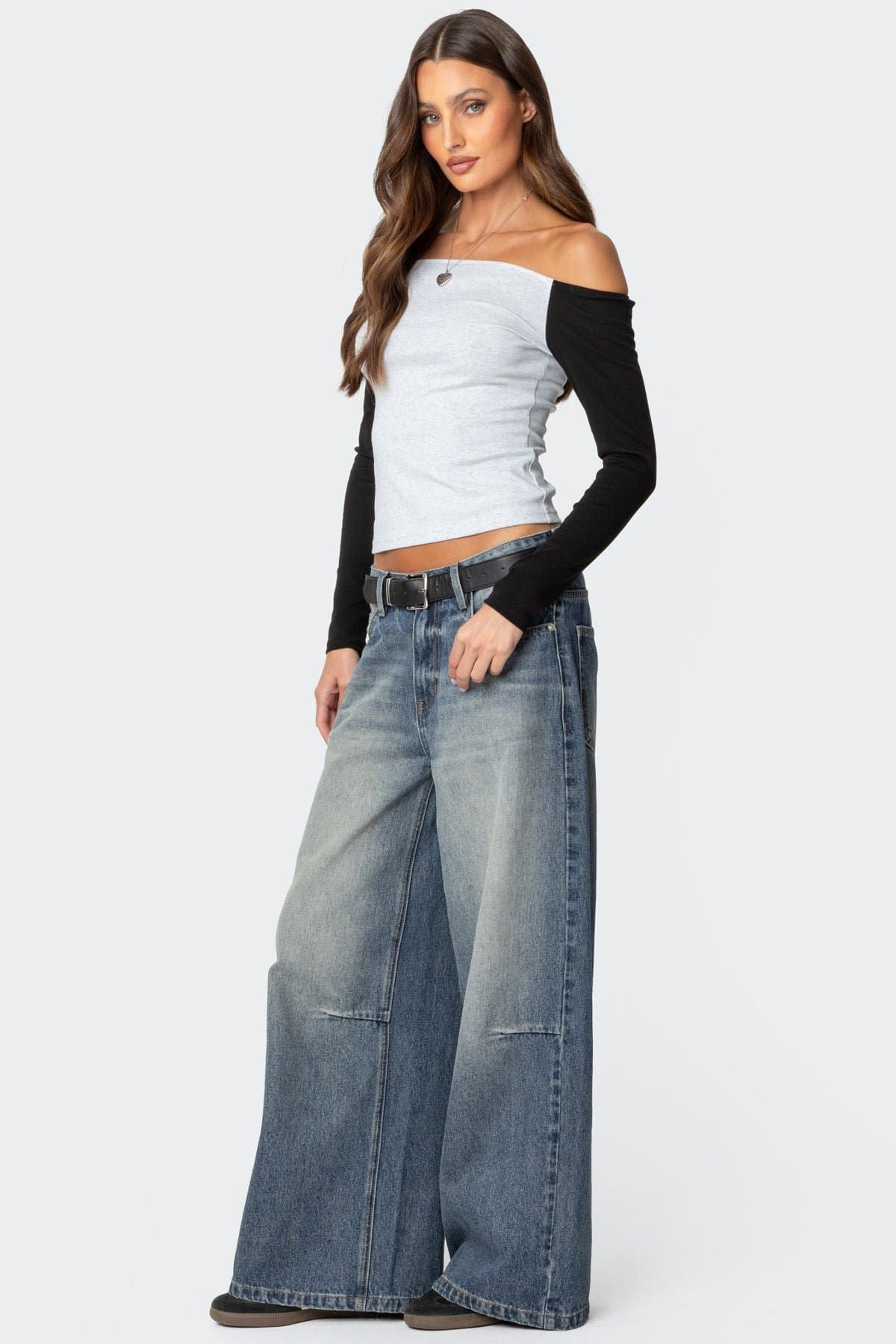 Contrast Off Shoulder Long Sleeve Top - Cotton Spandex