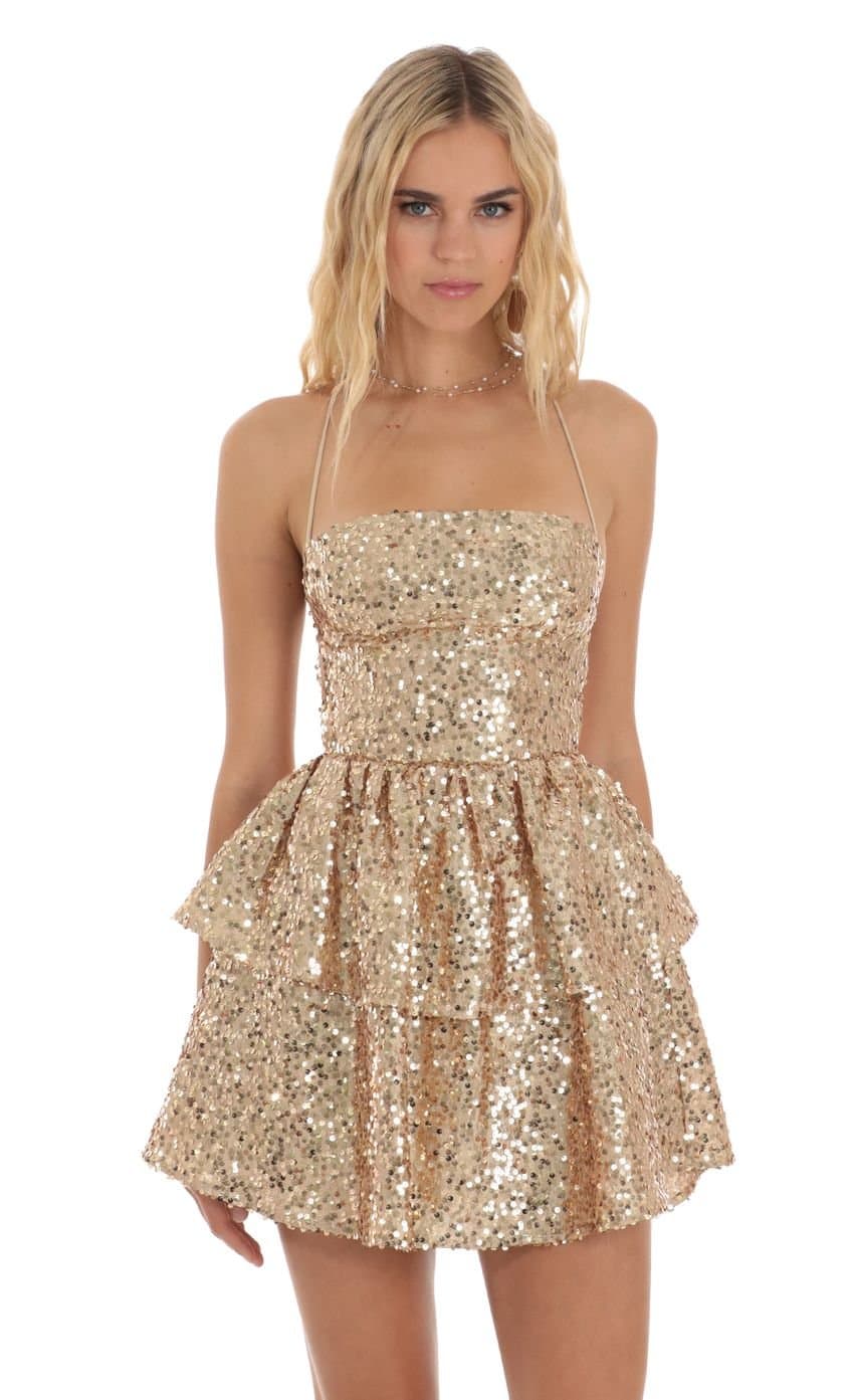 Sequin Lace-Up Dress in Gold