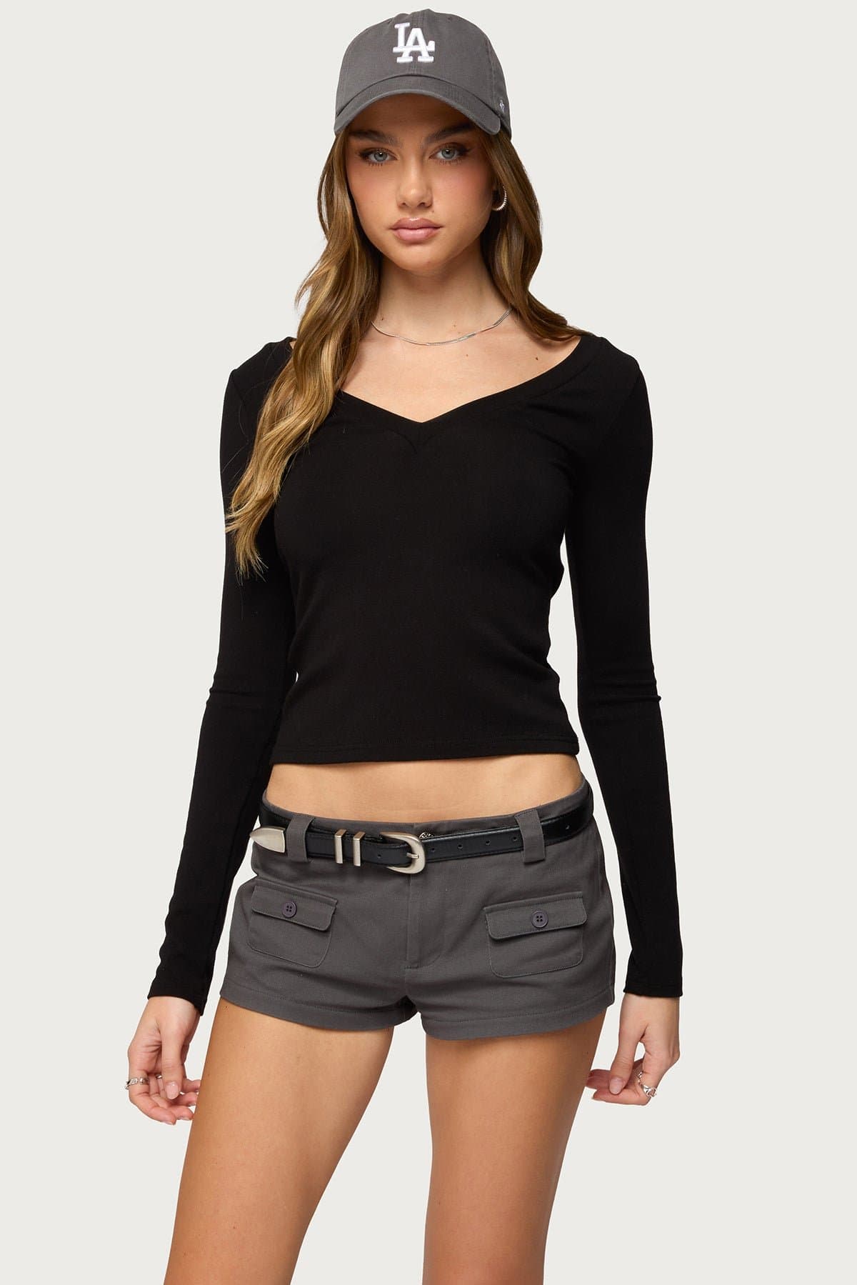 Larna V-Neck Long Sleeve Ribbed T-Shirt - Rayon Cotton Acrylic Spandex Blend