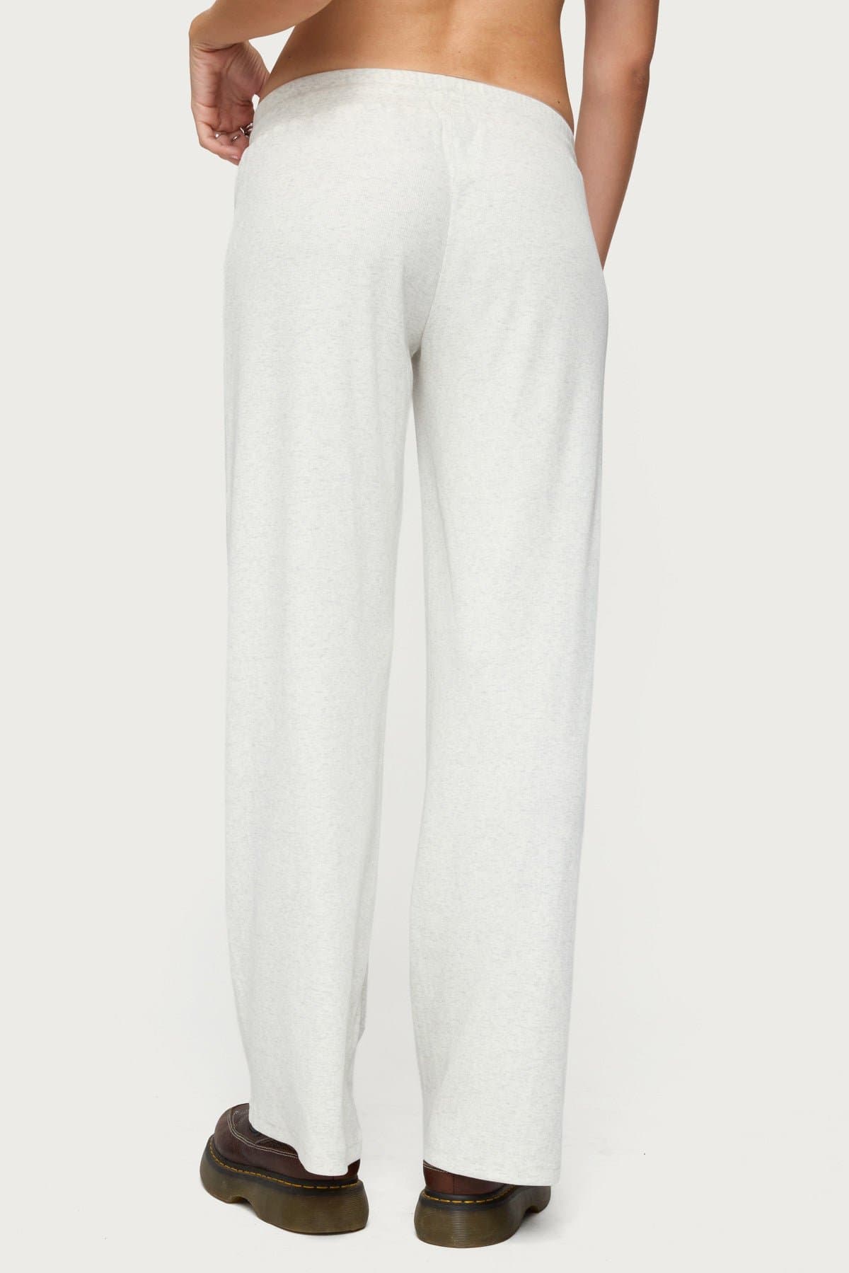 Cicilia Straight Leg Ribbed Pants - Adjustable Tie Waist Cotton Polyester Spandex Loungewear