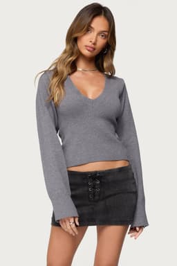 Stacie V Neck Sweater with Back Tie Detail Ribbed Knit Acrylic