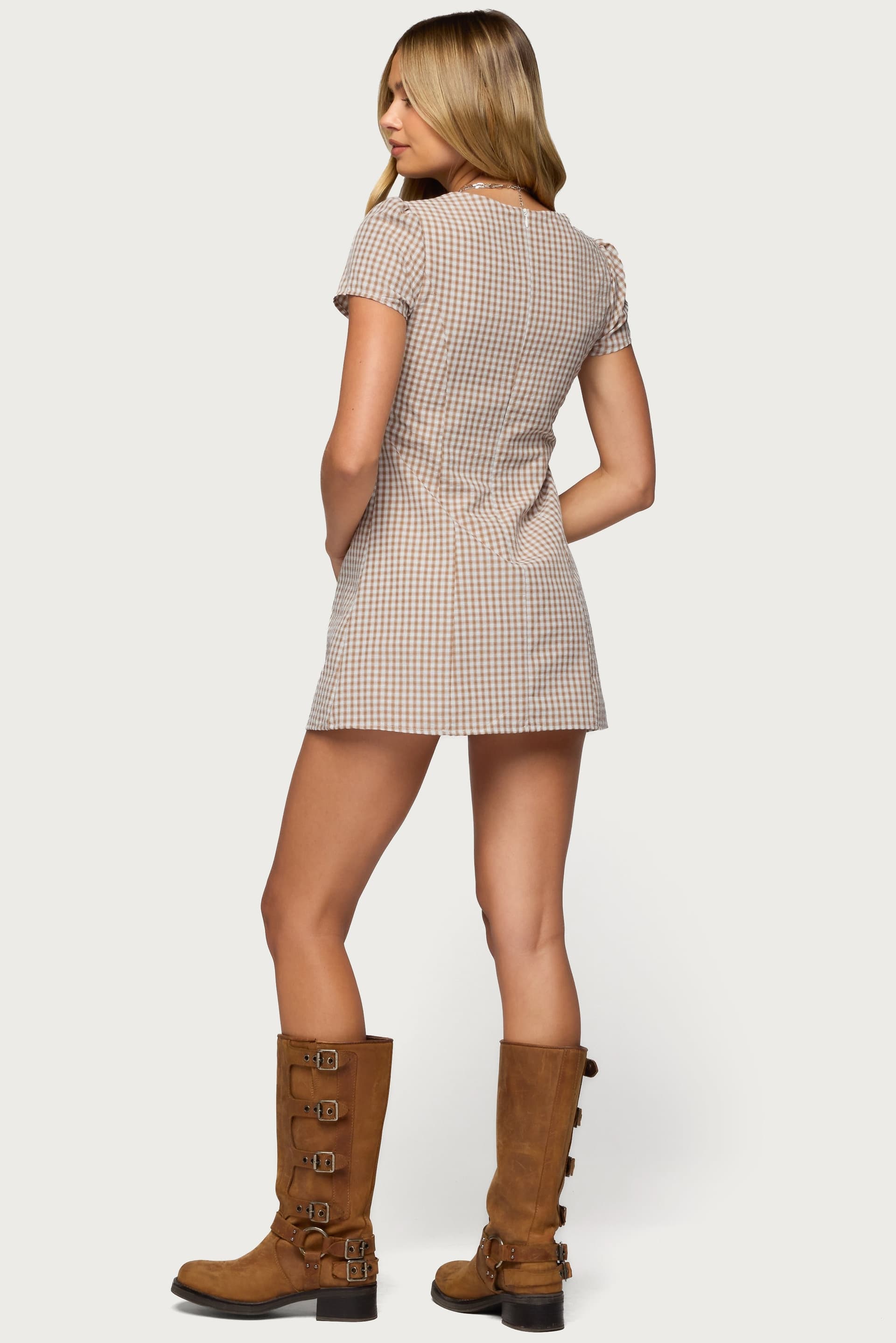 Arli Gingham Button Up Romper - Cotton Polyester Short Puff Sleeves V Neck Mini Dress Look